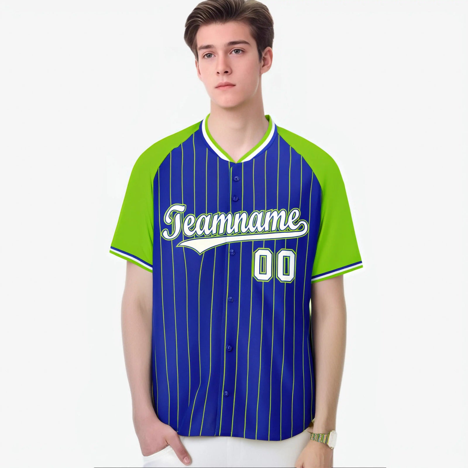 Custom Royal Blue-Green Pinstripe Authentic Raglan Sleeves Baseball Jersey