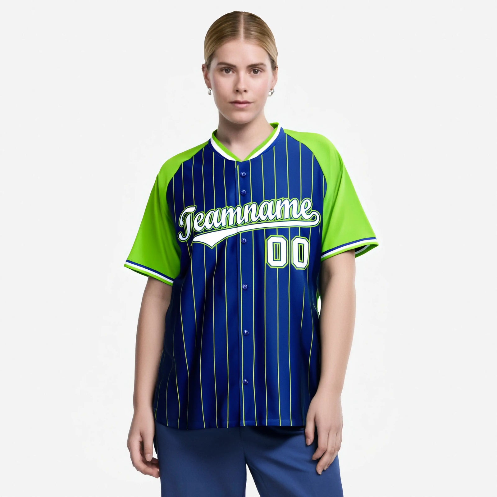 Custom Royal Blue-Green Pinstripe Authentic Raglan Sleeves Baseball Jersey