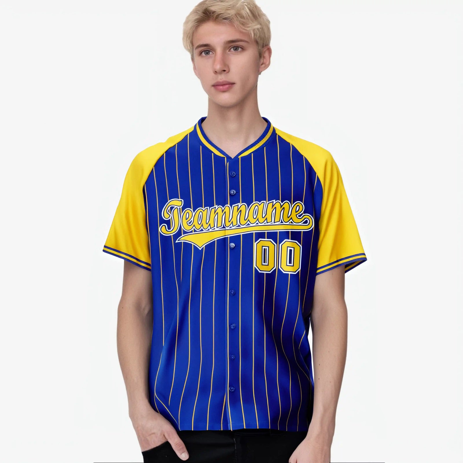 Custom Royal Blue-Gold Pinstripe Authentic Raglan Sleeves Baseball Jersey