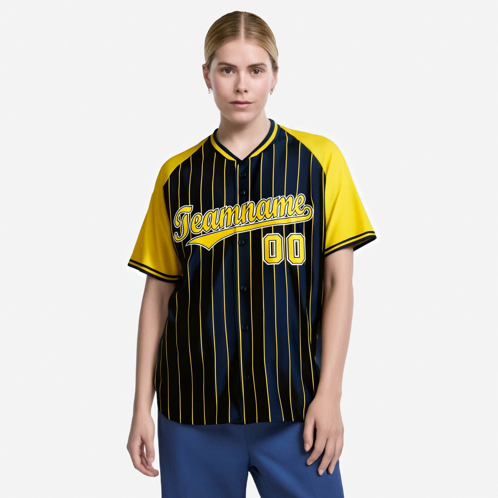 Custom Navy Yellow Pinstripe Yellow-Navy Authentic Raglan Sleeves Baseball Jersey