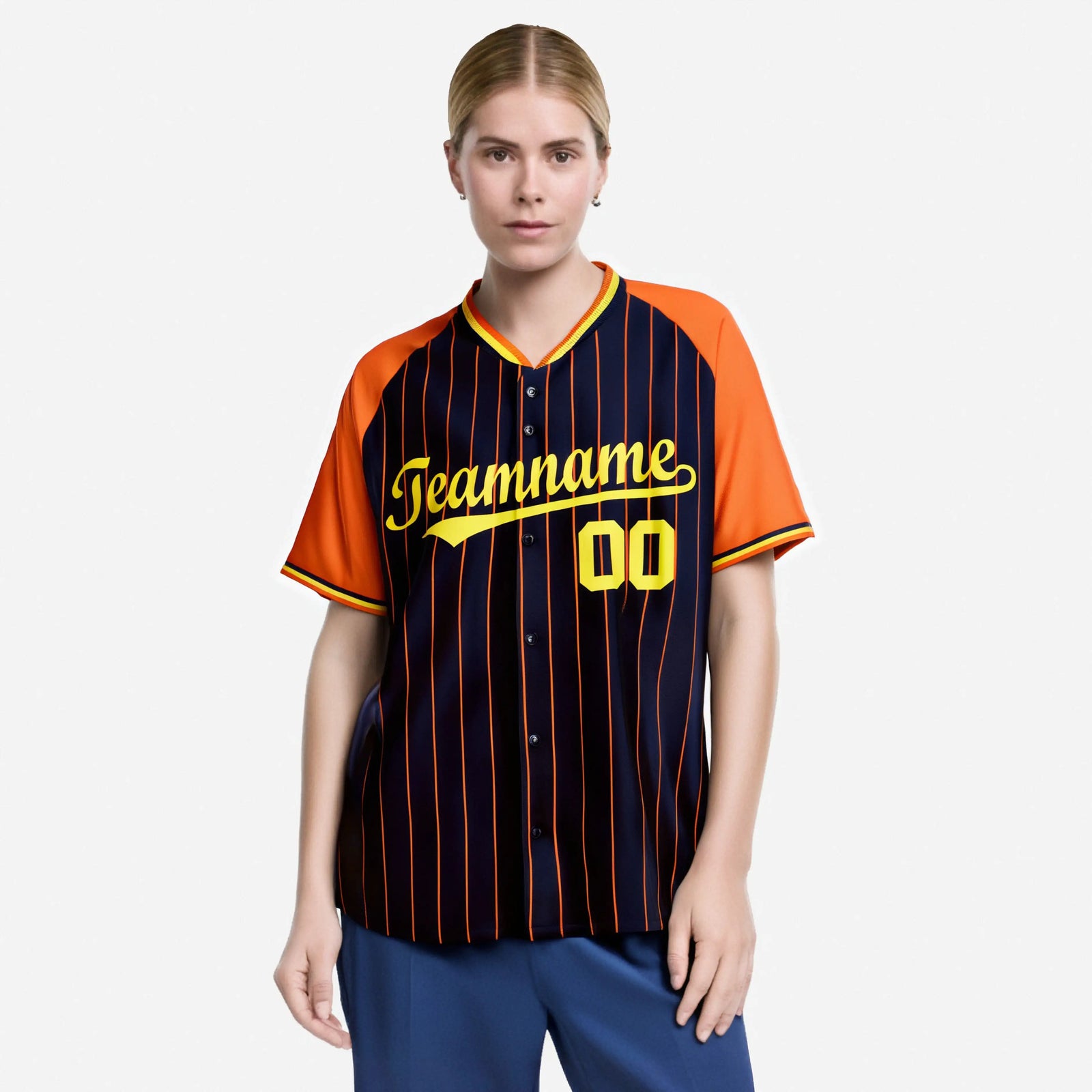 Custom Navy Orange Pinstripe Orange-Navy Authentic Raglan Sleeves Baseball Jersey