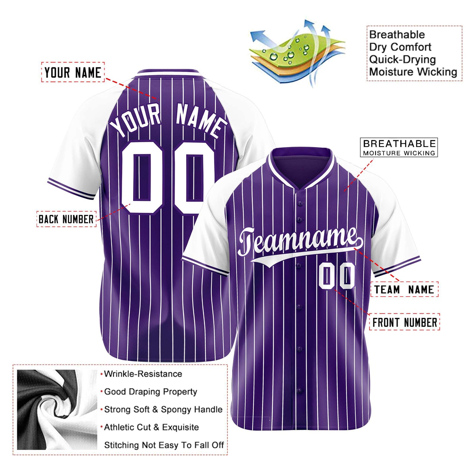 Custom Purple White Pinstripe White Purple Authentic Raglan Sleeves Baseball Jersey