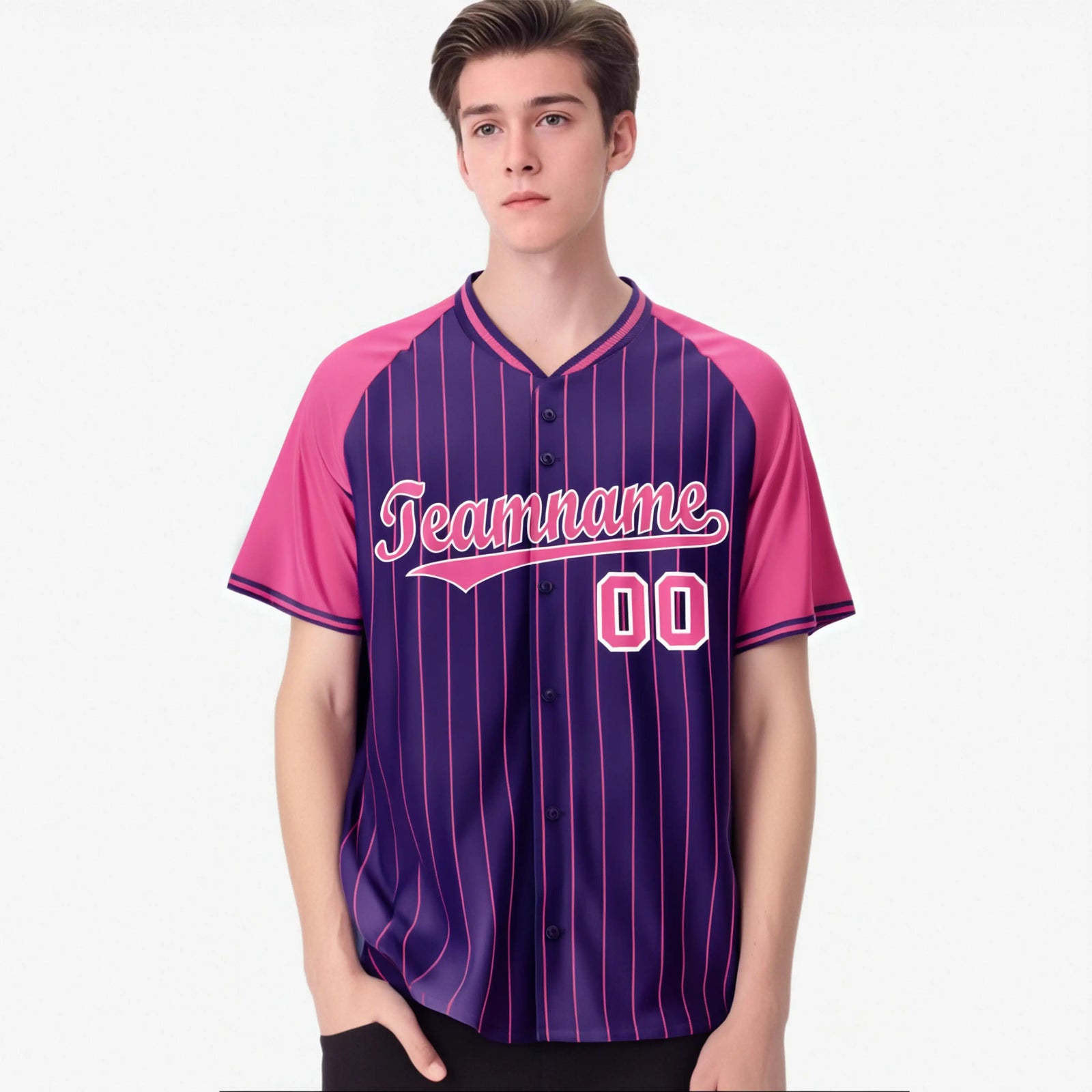 Custom Purple Pink Pinstripe Pink Purple Authentic Raglan Sleeves Baseball Jersey