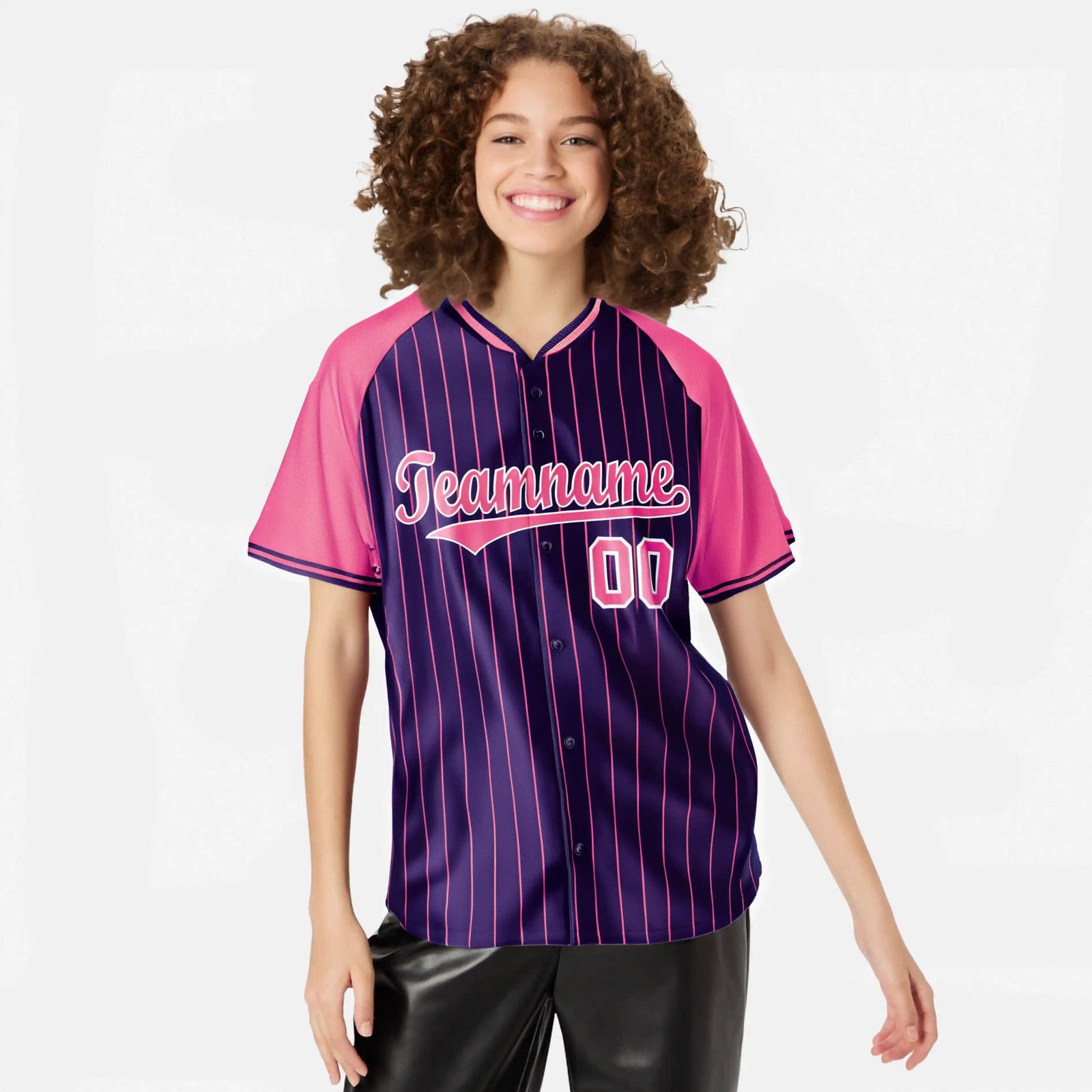 Custom Purple Pink Pinstripe Pink Purple Authentic Raglan Sleeves Baseball Jersey