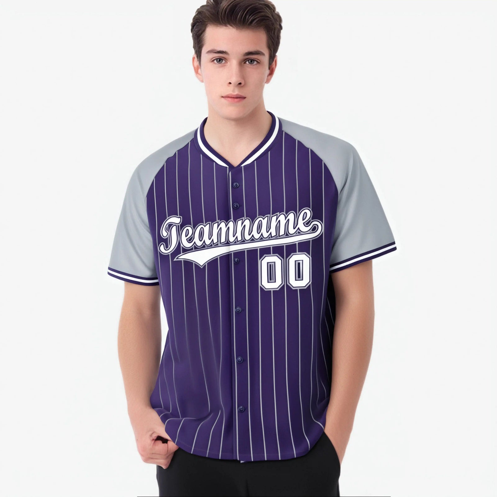 Custom Purple Gray Pinstripe Gray Purple Authentic Raglan Sleeves Baseball Jersey