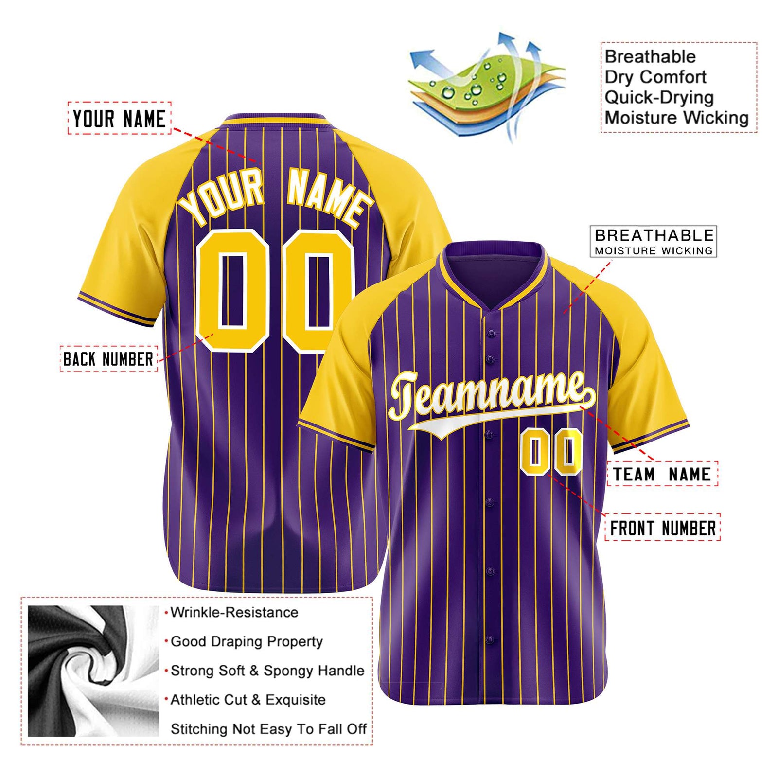 Custom Purple Yellow Pinstripe Yellow-Purple Authentic Raglan Sleeves Baseball Jersey
