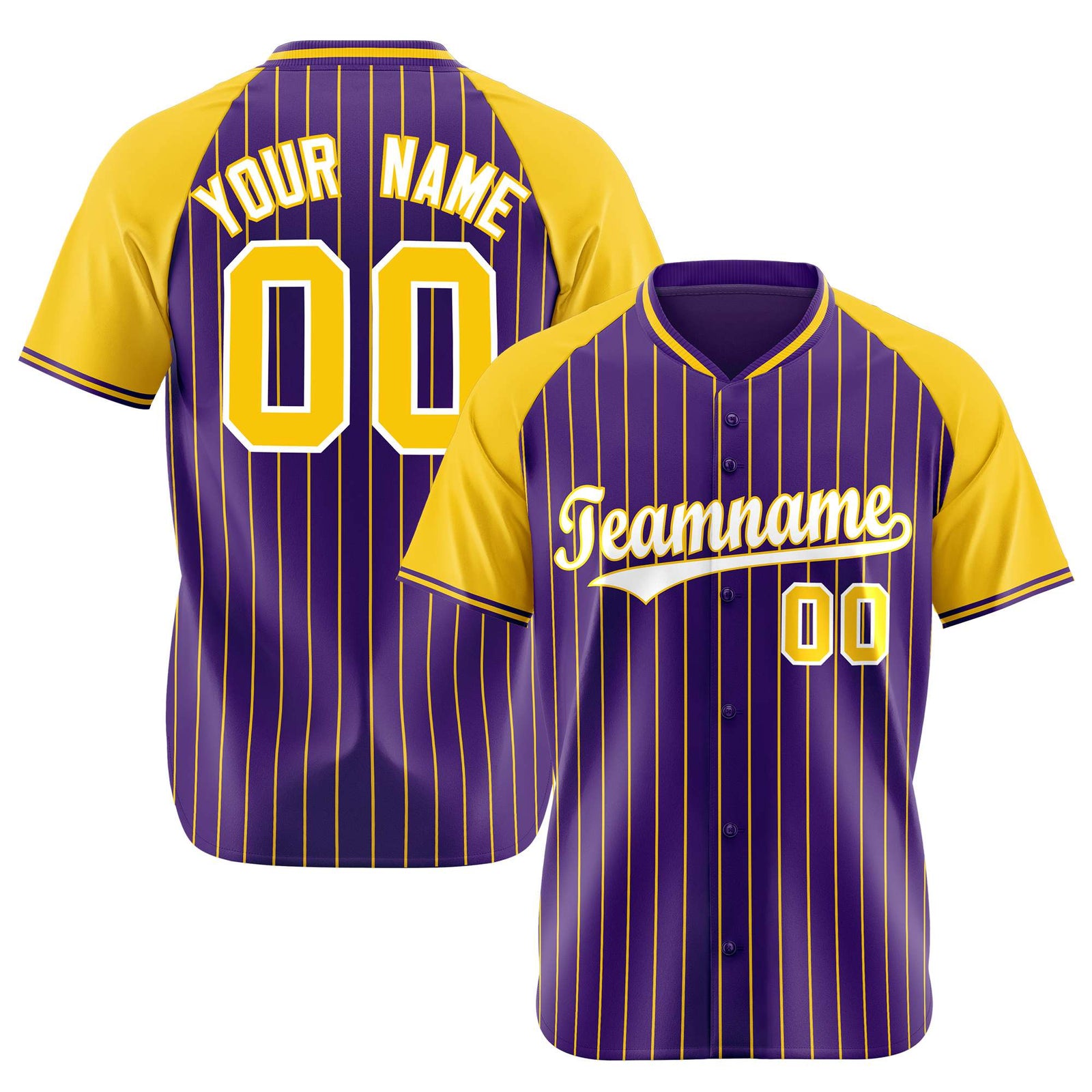 Custom Purple Yellow Pinstripe Yellow-Purple Authentic Raglan Sleeves Baseball Jersey