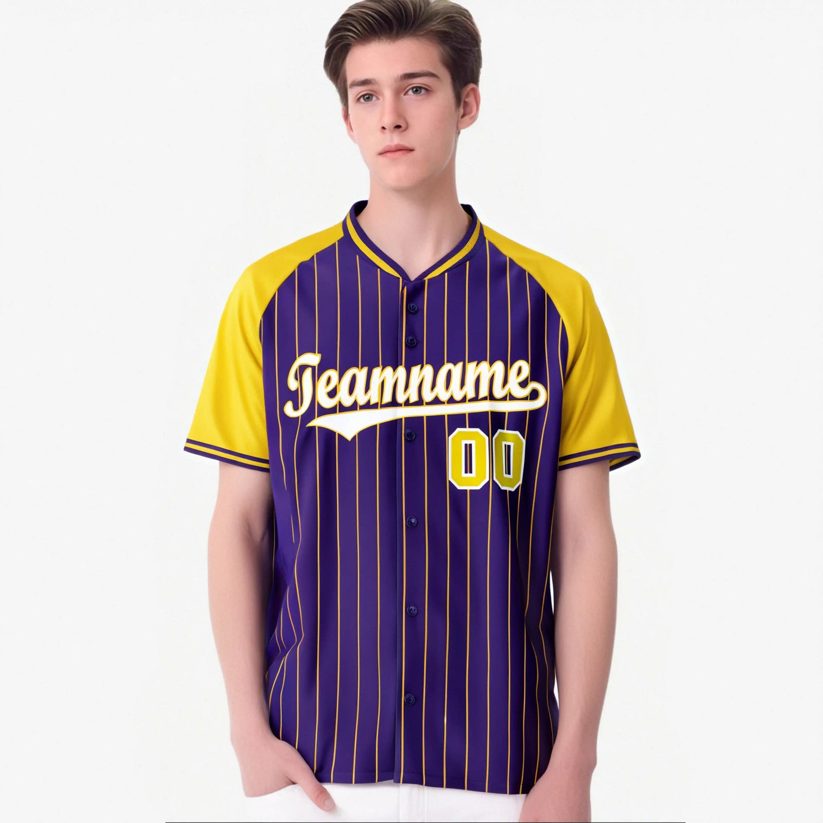 Custom Purple Yellow Pinstripe Yellow-Purple Authentic Raglan Sleeves Baseball Jersey