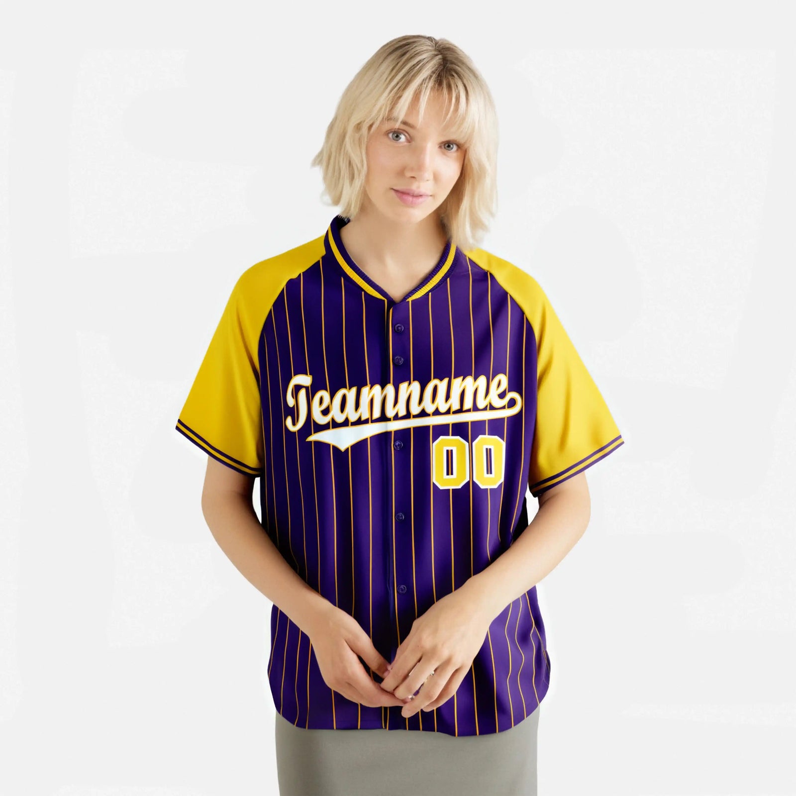 Custom Purple Yellow Pinstripe Yellow-Purple Authentic Raglan Sleeves Baseball Jersey