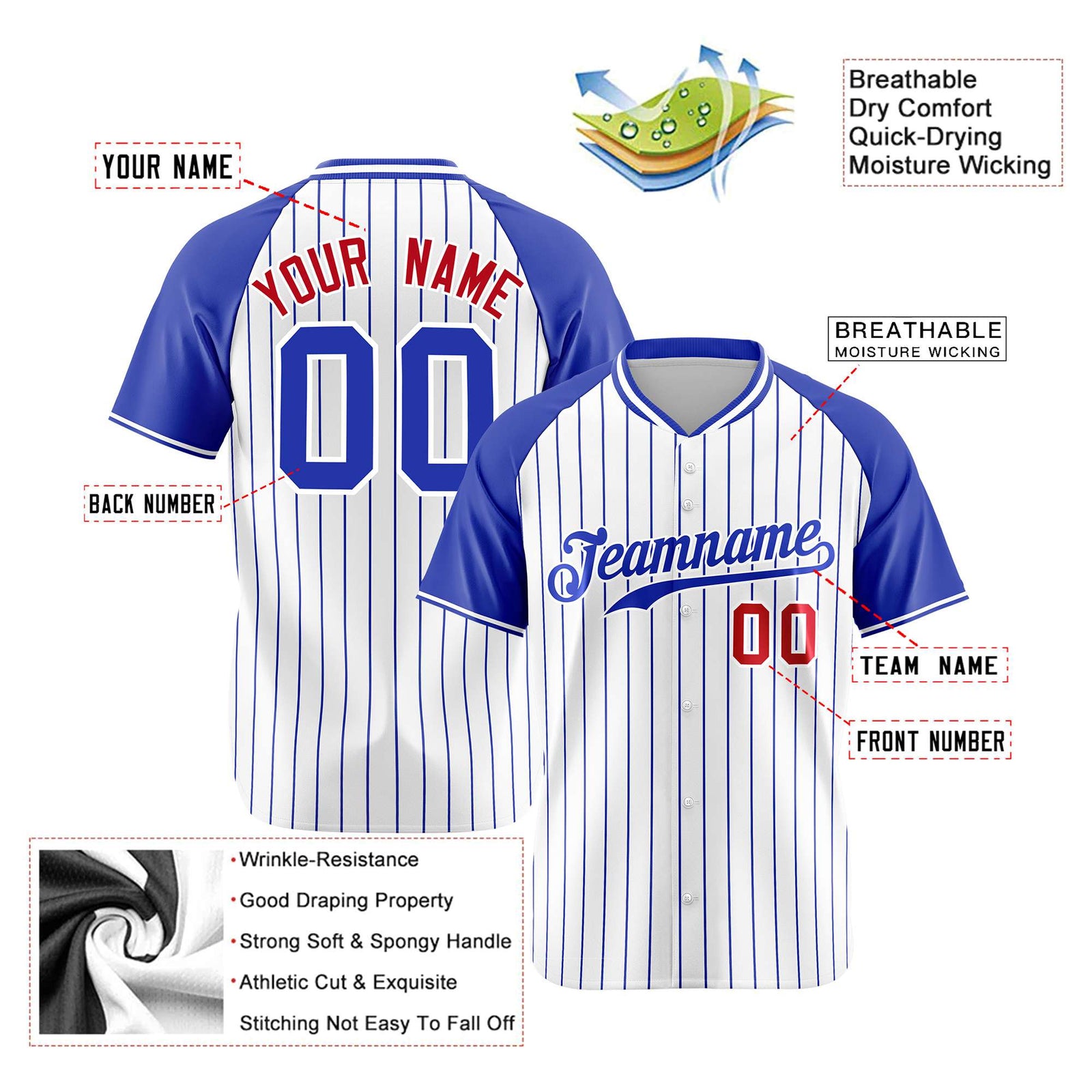 Custom White-Royal Blue Pinstripe Authentic Raglan Sleeves Baseball Jersey