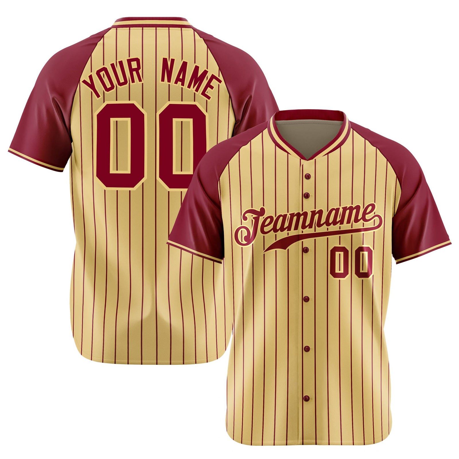 Custom Khaki Crimson Pinstripe Authentic Raglan Sleeves Baseball Jersey