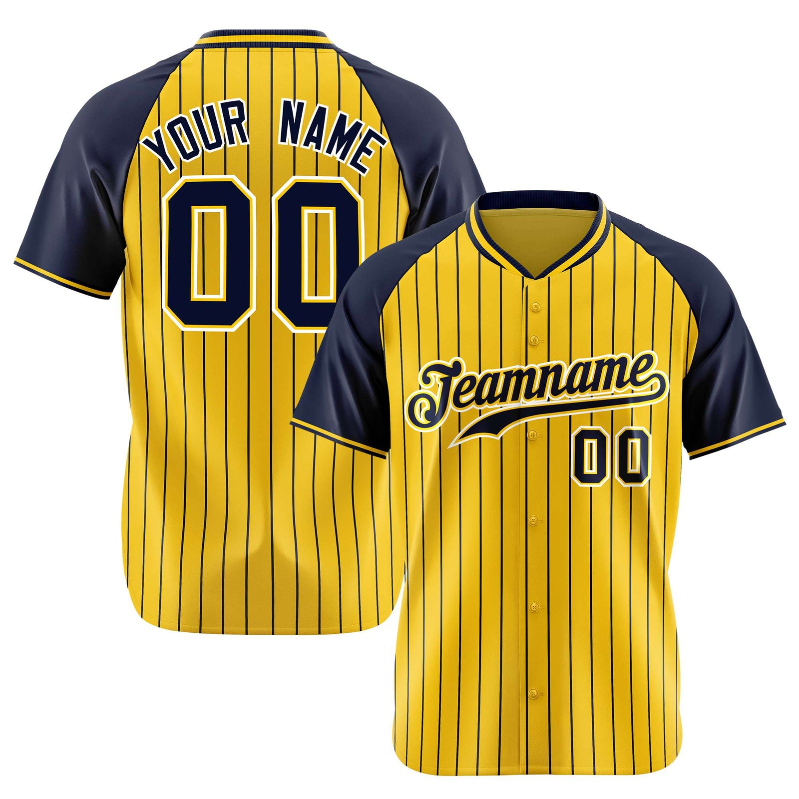 Custom Gold Navy Pinstripe Navy Gold Authentic Raglan Sleeves Baseball Jersey