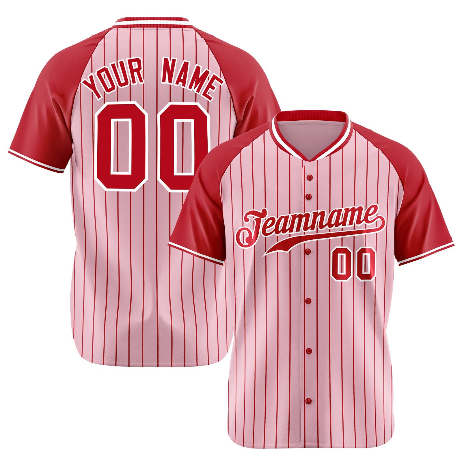 Custom Pink Red Pinstripe Red-Pink Authentic Raglan Sleeves Baseball Jersey