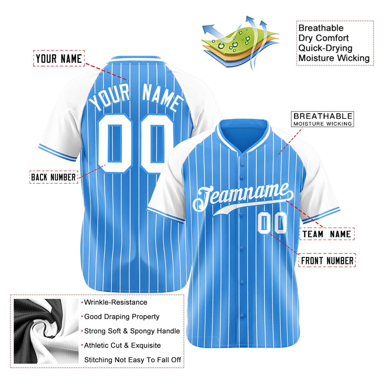 Custom Powder Blue-White Pinstripe Authentic Raglan Sleeves Baseball Jersey