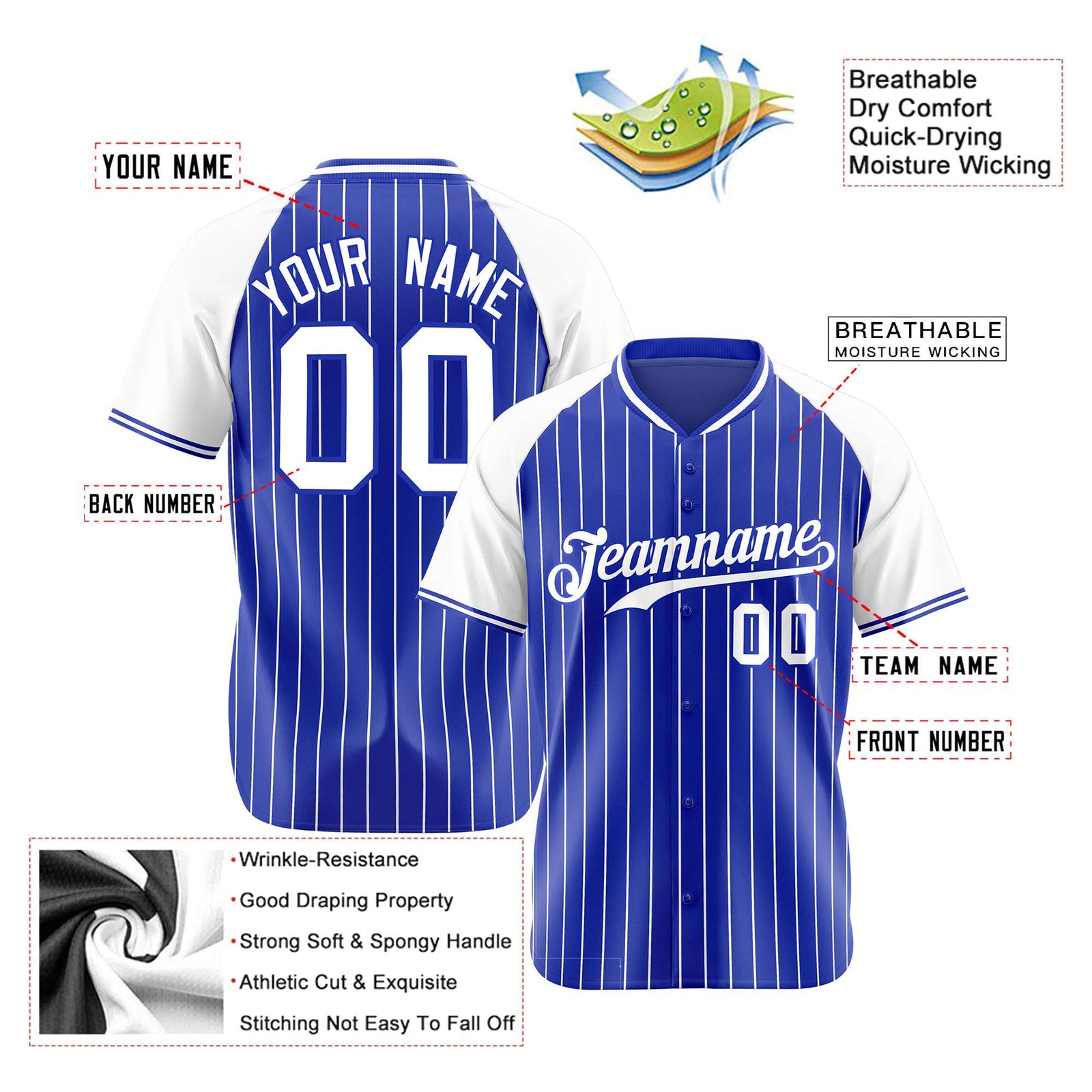 Custom Royal Blue-White Pinstripe Authentic Raglan Sleeves Baseball Jersey
