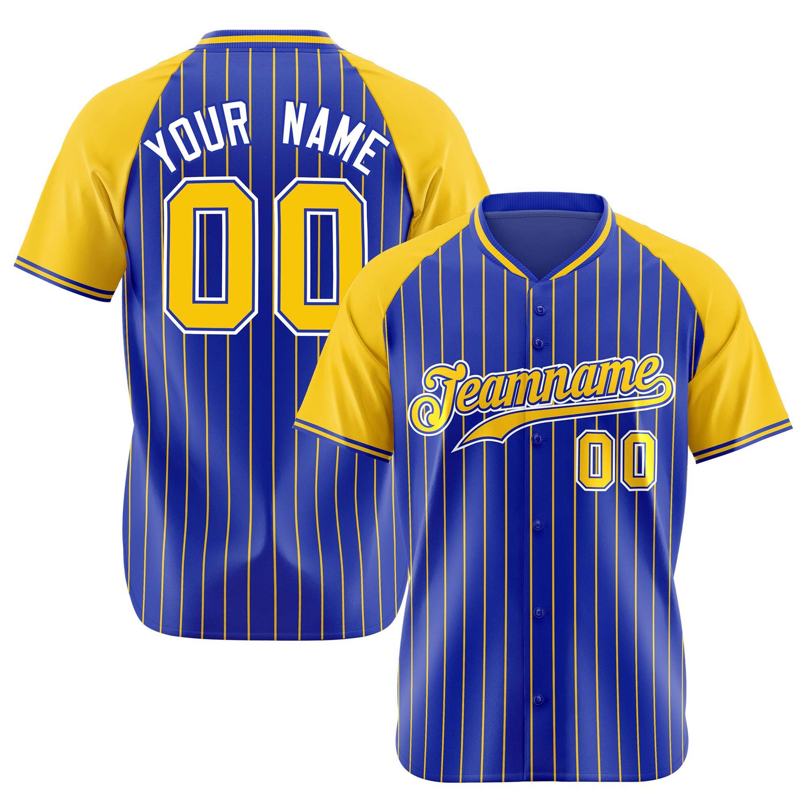 Custom Royal Blue-Gold Pinstripe Authentic Raglan Sleeves Baseball Jersey