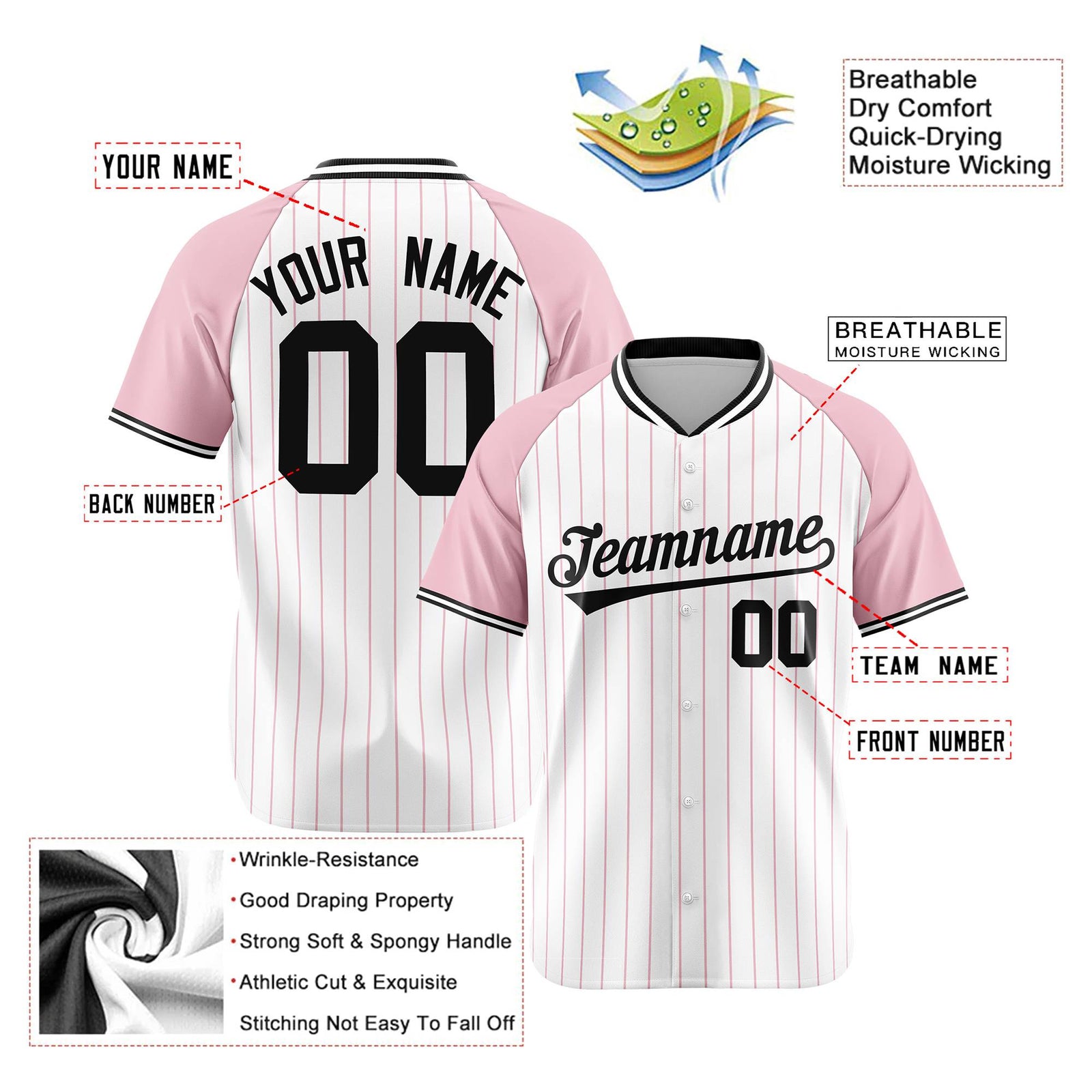 Custom White Pink Pinstripe Pink-White Authentic Raglan Sleeves Baseball Jersey