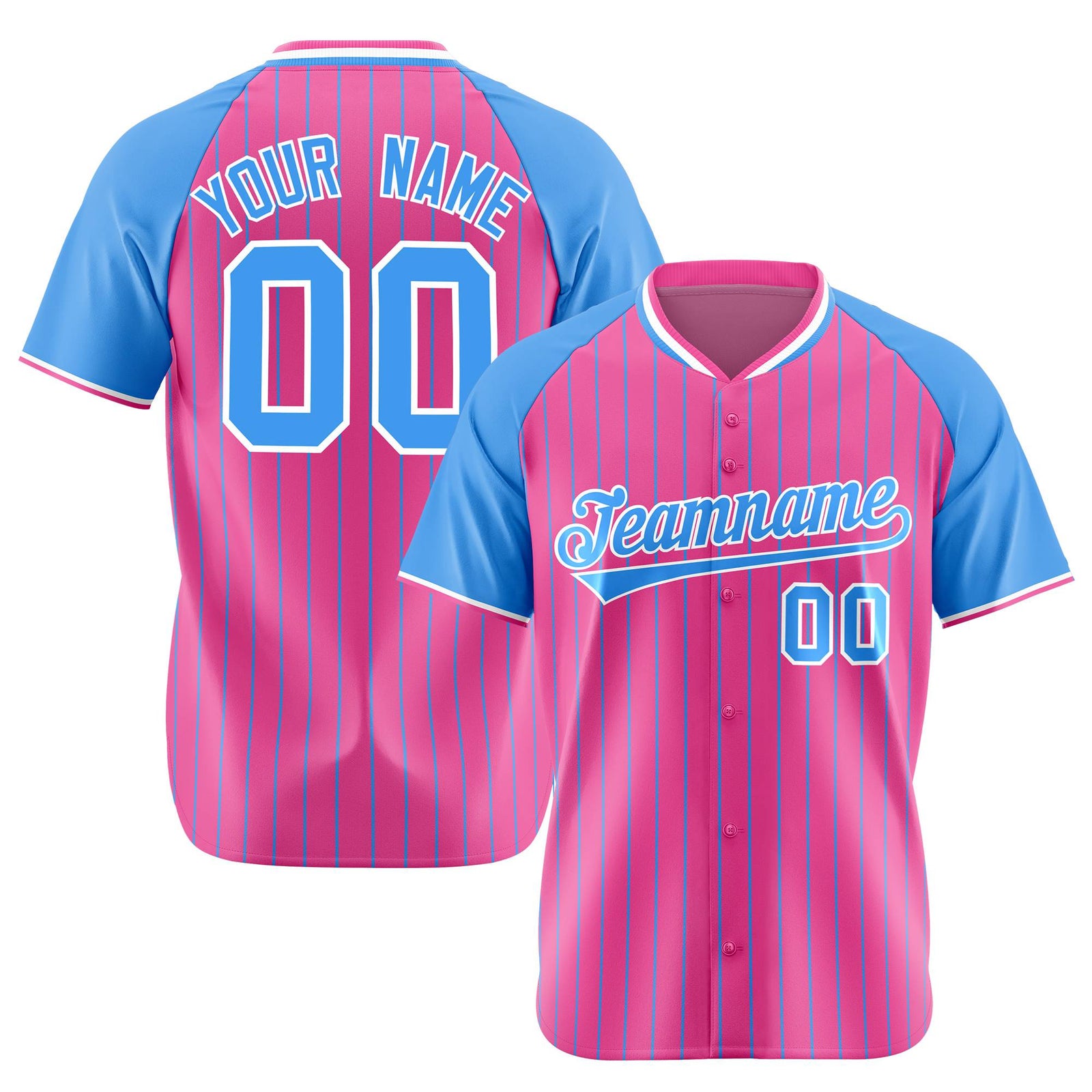 Custom Pink-Powder Blue Pinstripe Authentic Raglan Sleeves Baseball Jersey