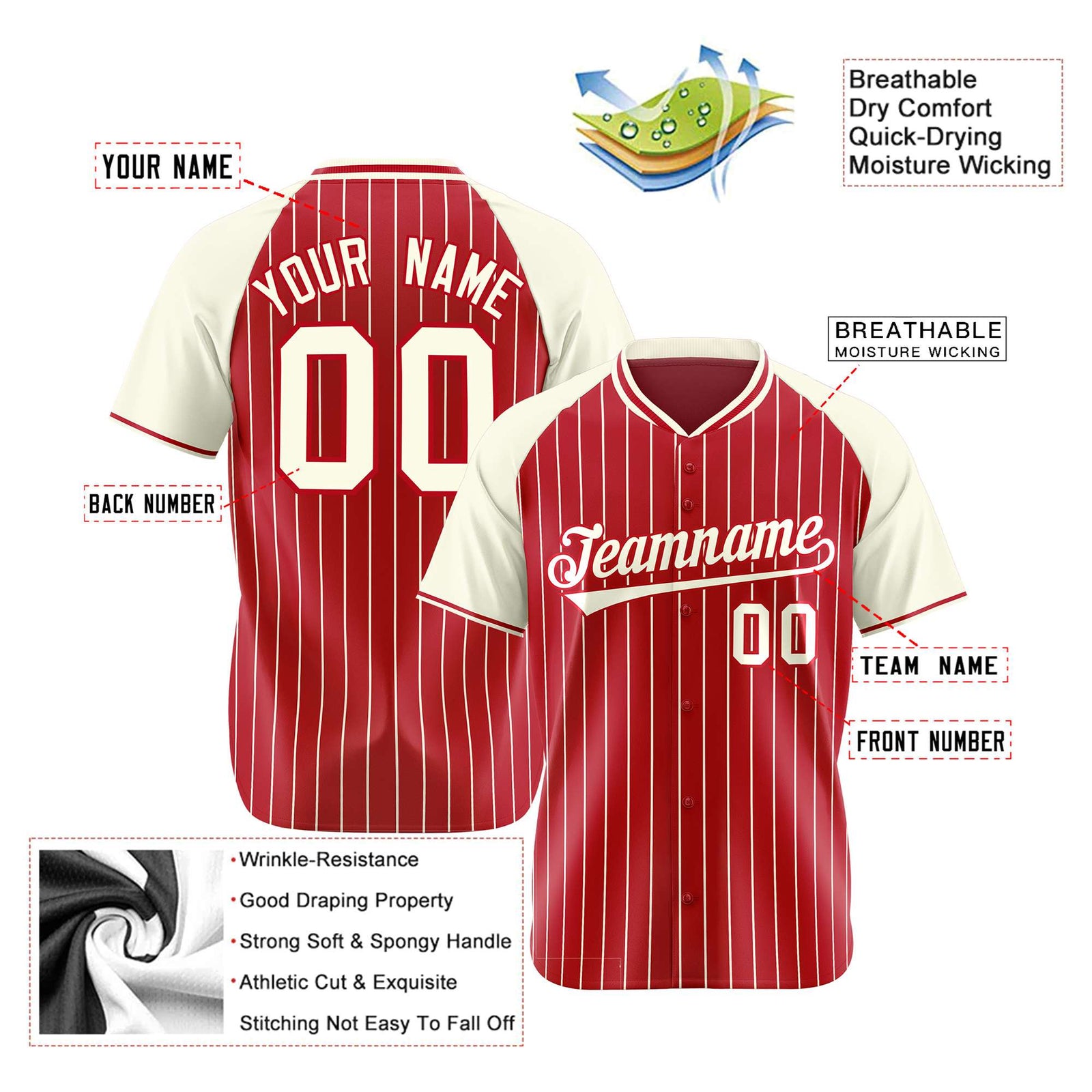 Custom Red Cream Pinstripe Cream-Red Authentic Raglan Sleeves Baseball Jersey