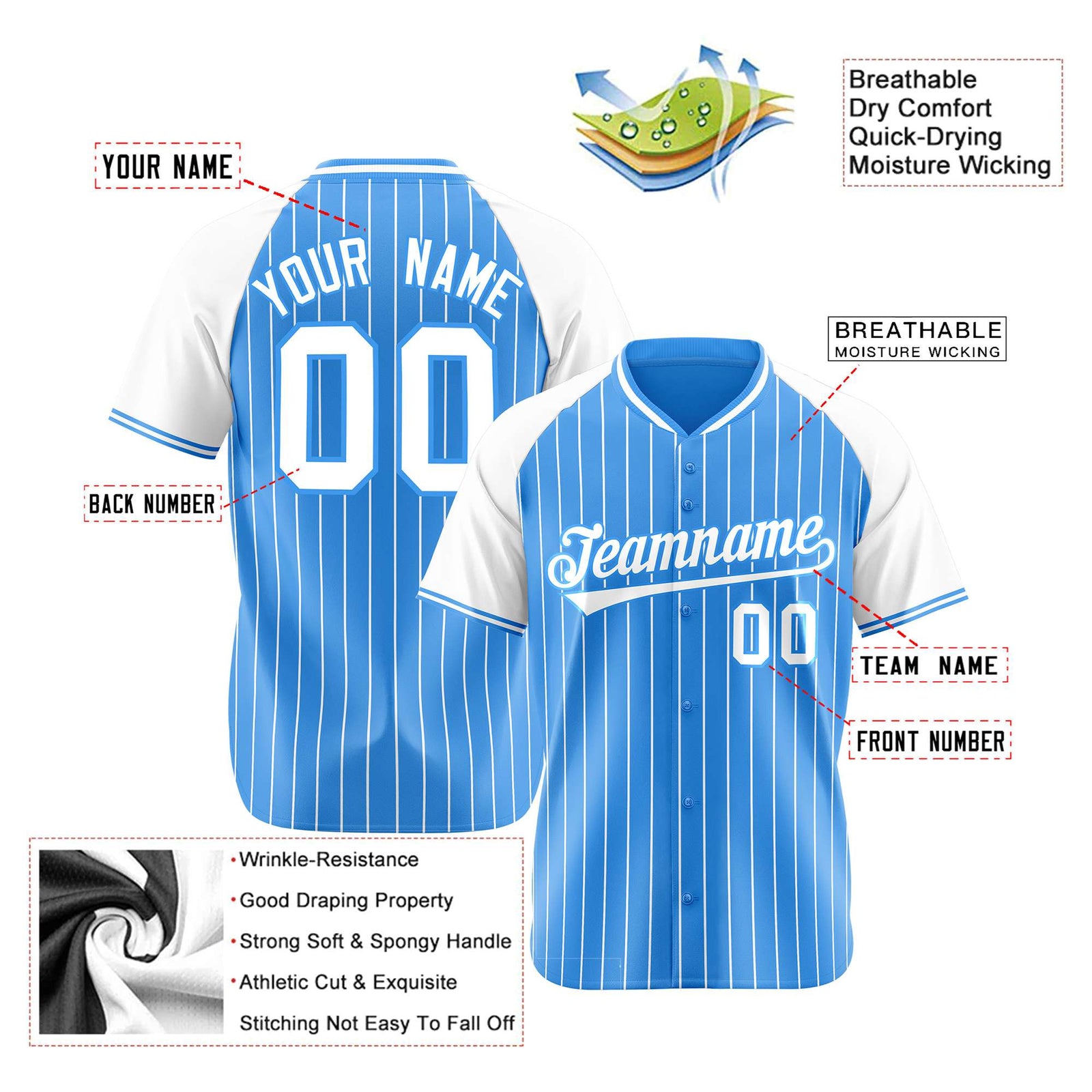 Custom Powder Blue-White Pinstripe Authentic Raglan Sleeves Baseball Jersey