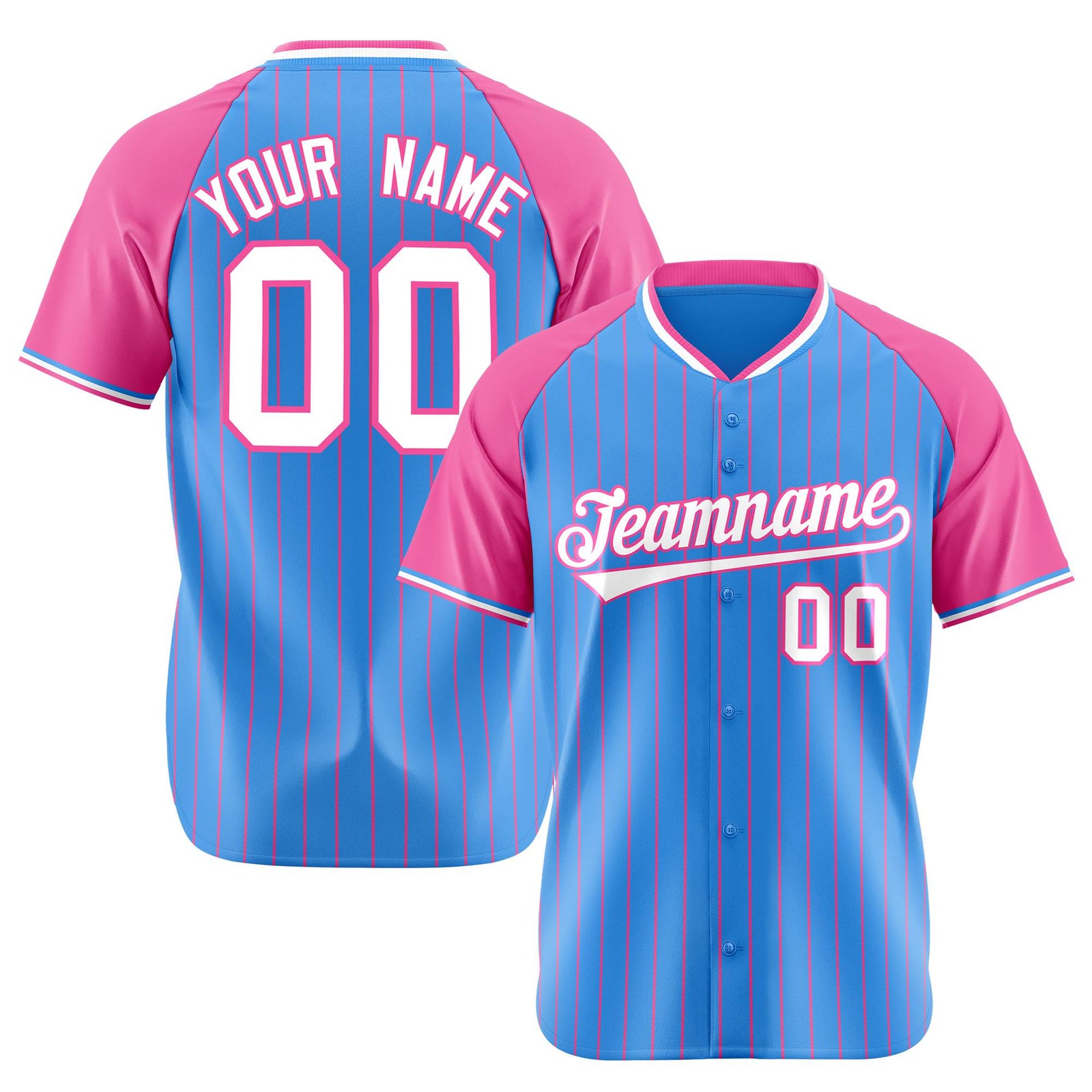 Custom Blue Pink Pinstripe Pink-Blue Authentic Raglan Sleeves Baseball Jersey