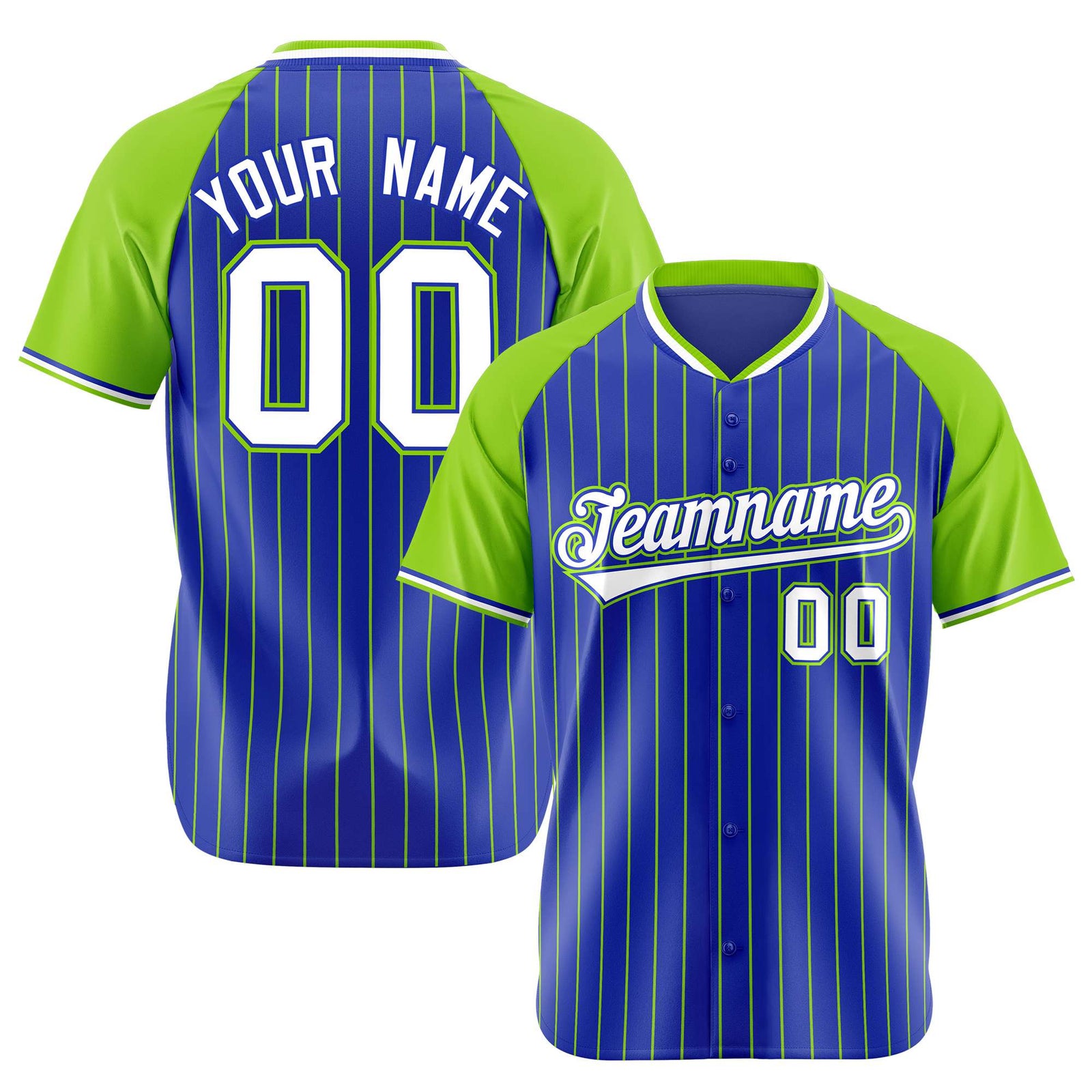 Custom Royal Blue-Green Pinstripe Authentic Raglan Sleeves Baseball Jersey