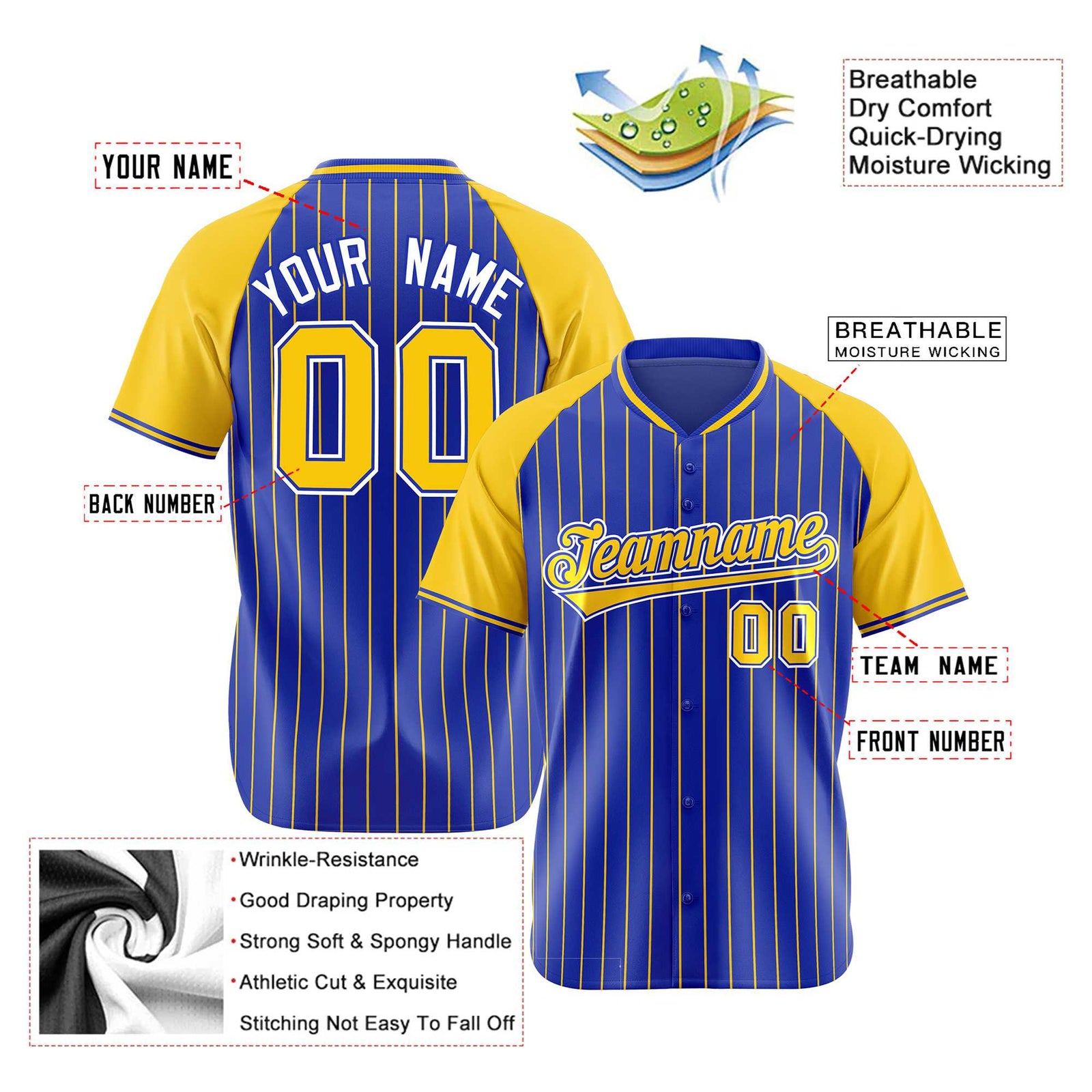 Custom Royal Blue-Gold Pinstripe Authentic Raglan Sleeves Baseball Jersey