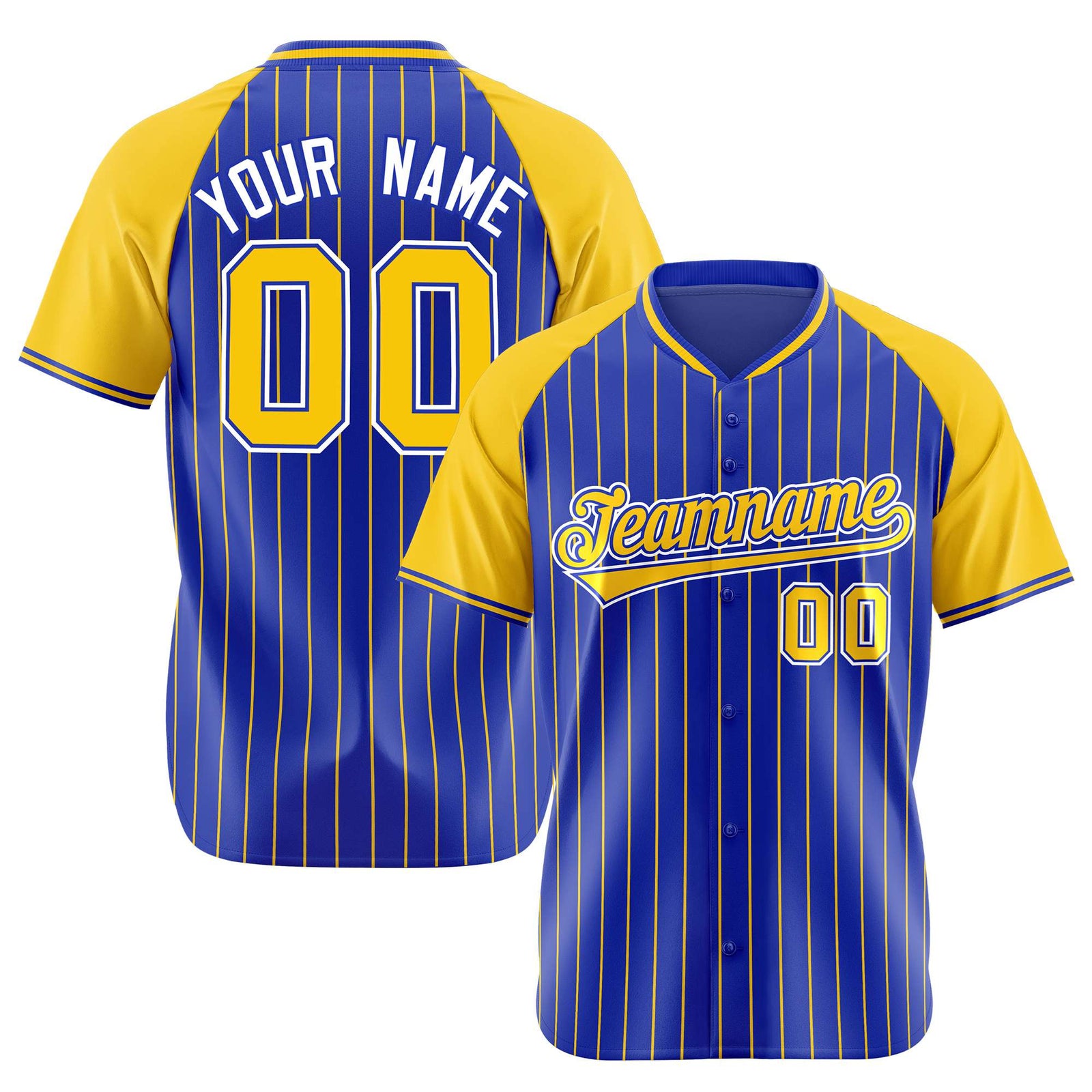 Custom Royal Blue-Gold Pinstripe Authentic Raglan Sleeves Baseball Jersey