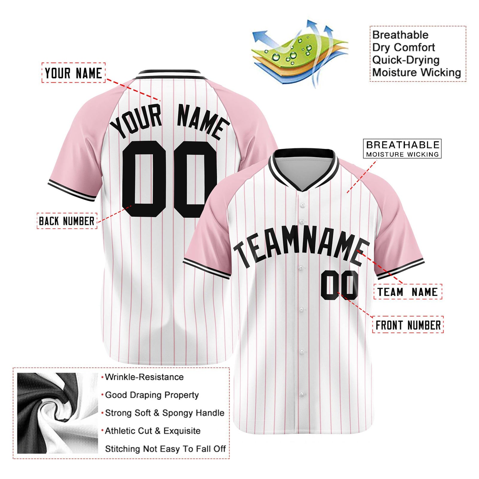 Custom White Pink Pinstripe Pink-White Authentic Raglan Sleeves Baseball Jersey