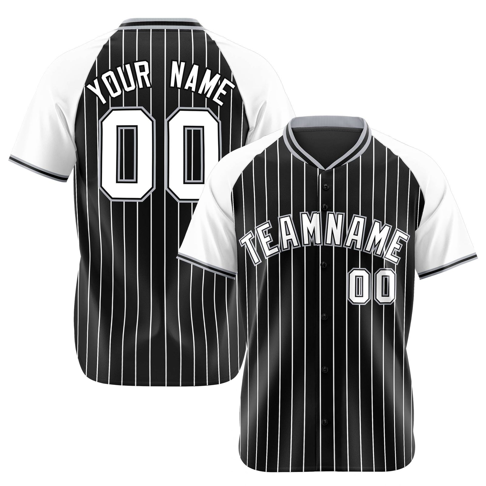 Custom Black White Pinstripe White-Black Authentic Raglan Sleeves Baseball Jersey
