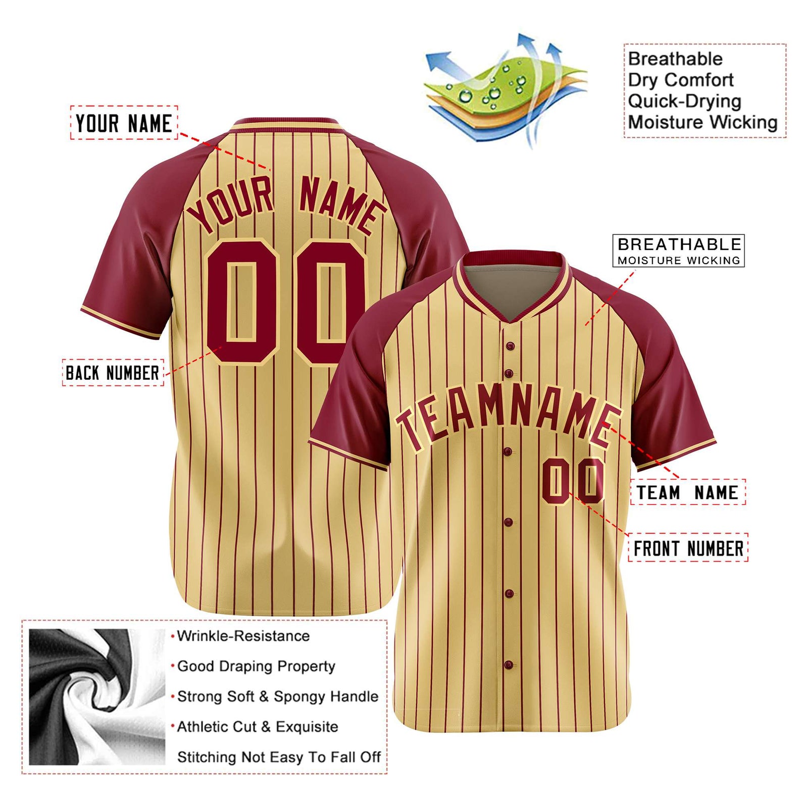 Custom Khaki Crimson Pinstripe Authentic Raglan Sleeves Baseball Jersey