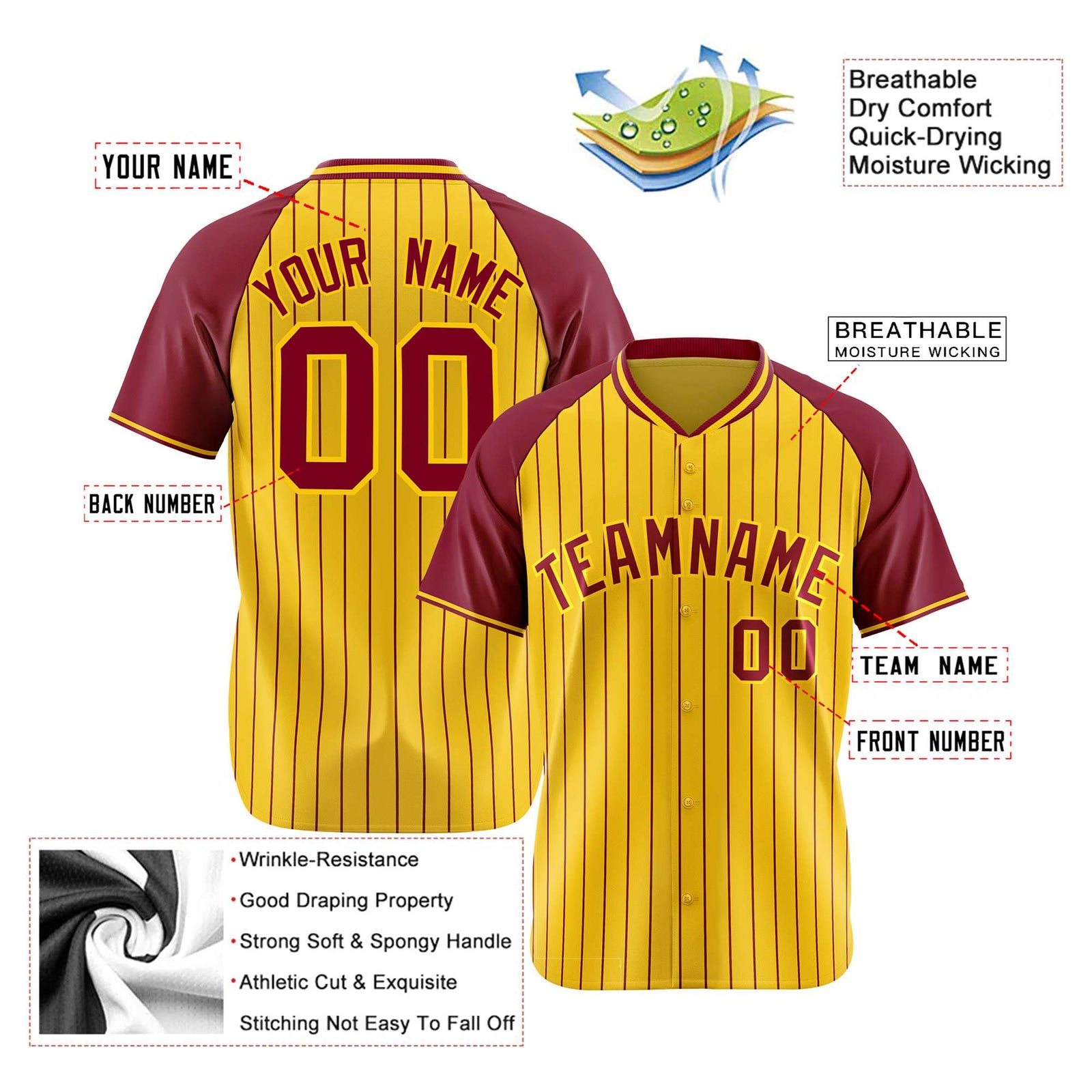 Custom Gold Crimson Pinstripe Gold Crimson Authentic Raglan Sleeves Baseball Jersey