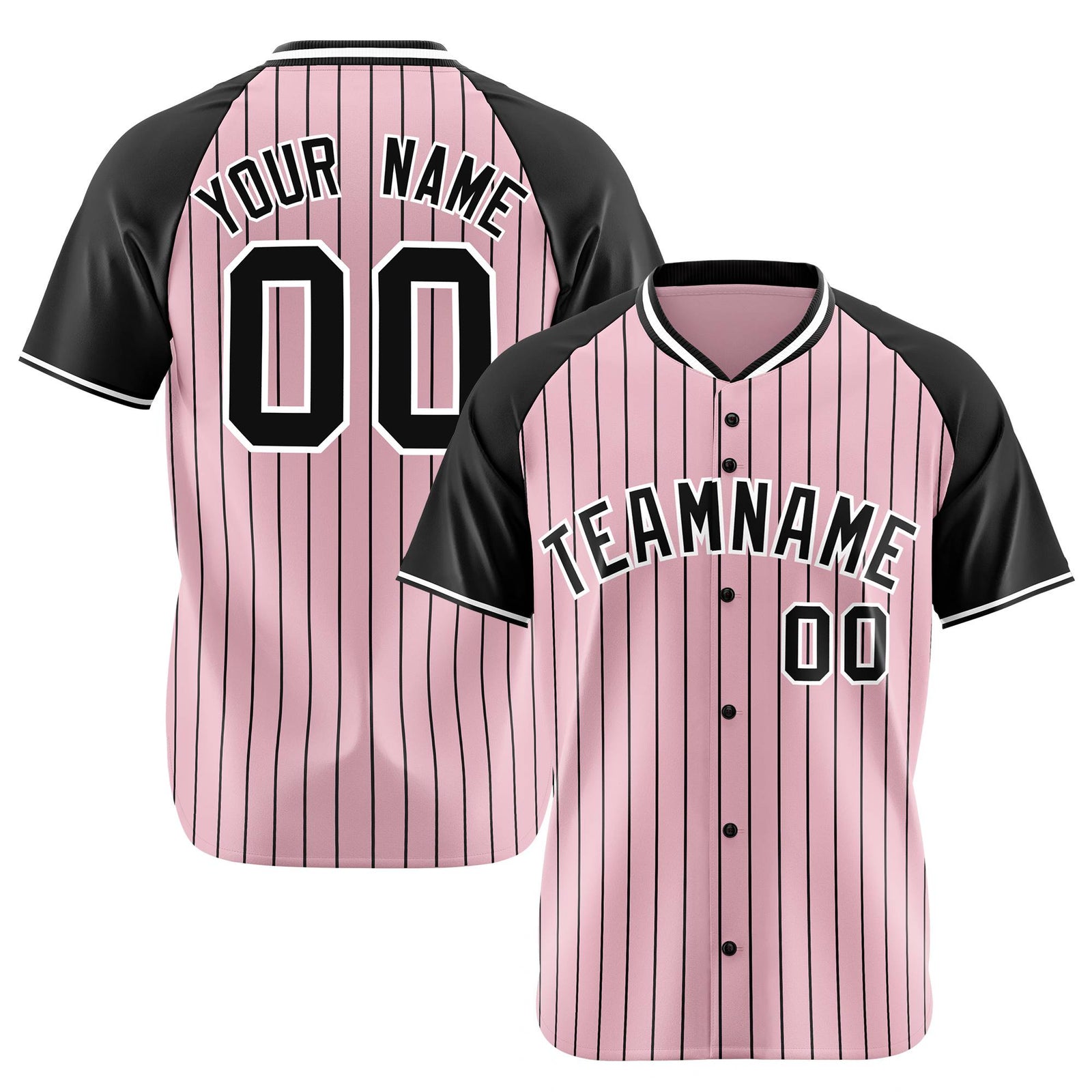 Custom Pink Black Pinstripe Black-Pink Authentic Raglan Sleeves Baseball Jersey
