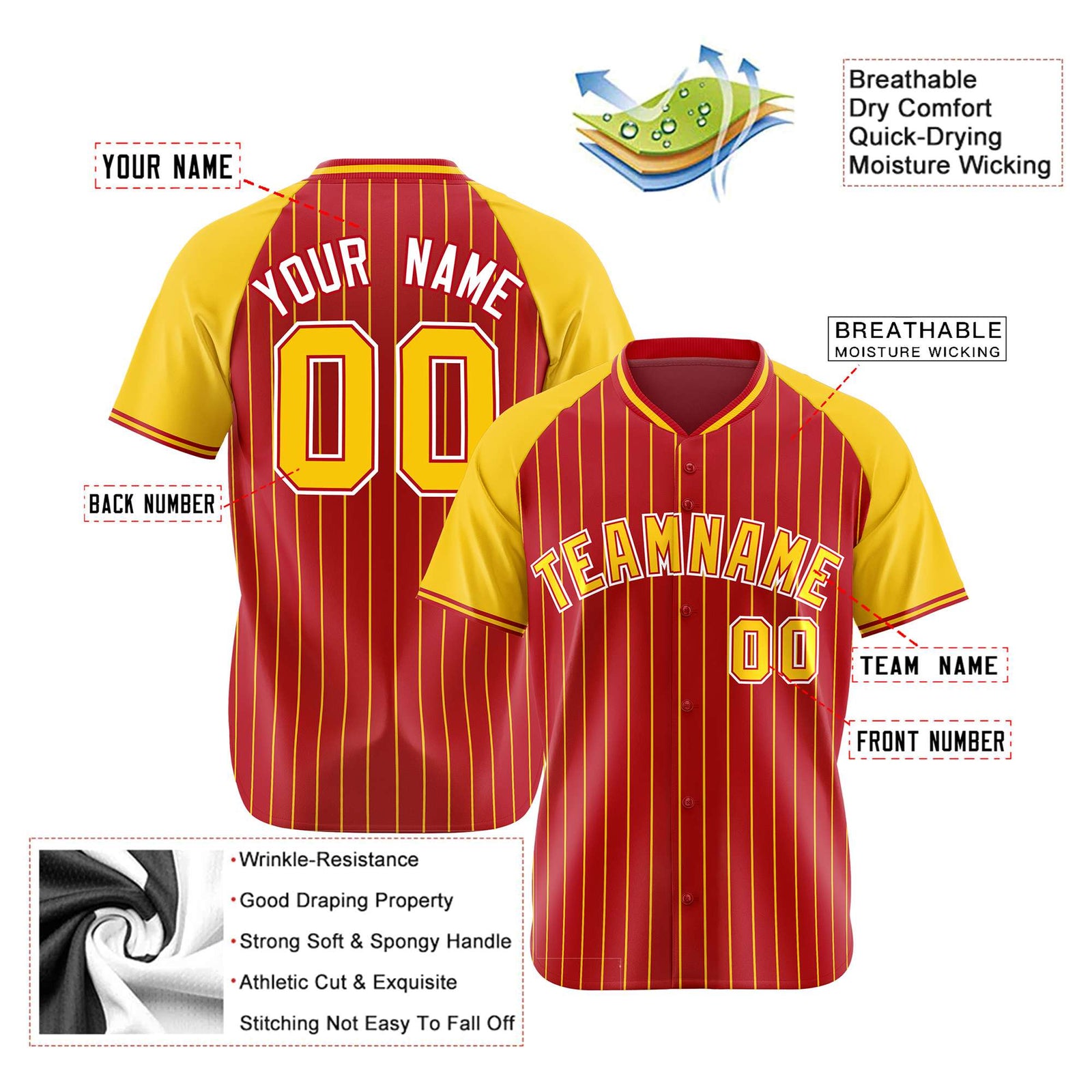 Custom Red Gold Pinstripe Authentic Raglan Sleeves Baseball Jersey