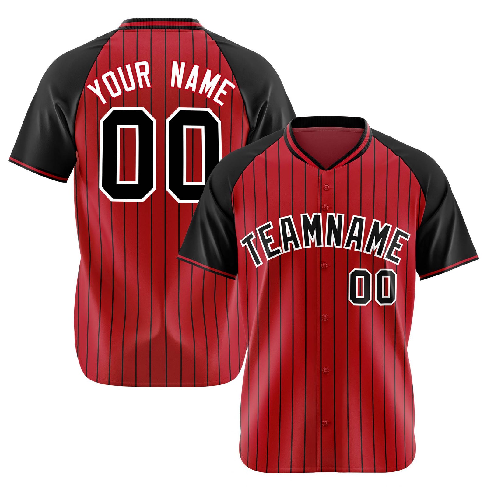 Custom Red Black Pinstripe Black-Red Authentic Raglan Sleeves Baseball Jersey