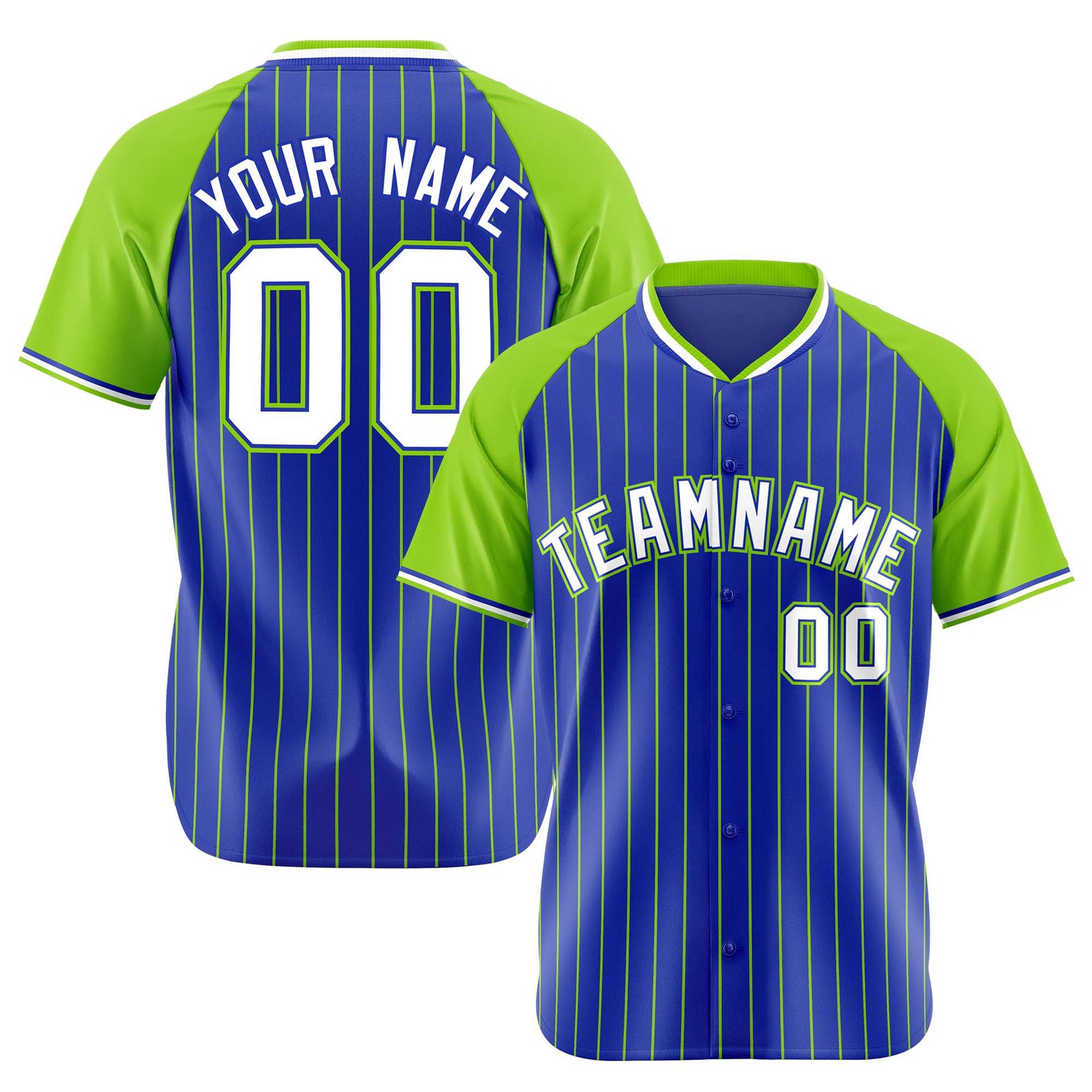 Custom Royal Blue-Green Pinstripe Authentic Raglan Sleeves Baseball Jersey