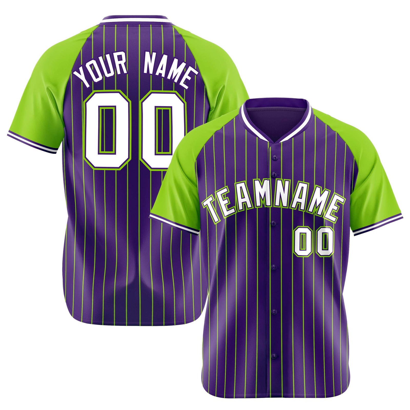 Custom Purple-Neon Green Pinstripe Authentic Raglan Sleeves Baseball Jersey