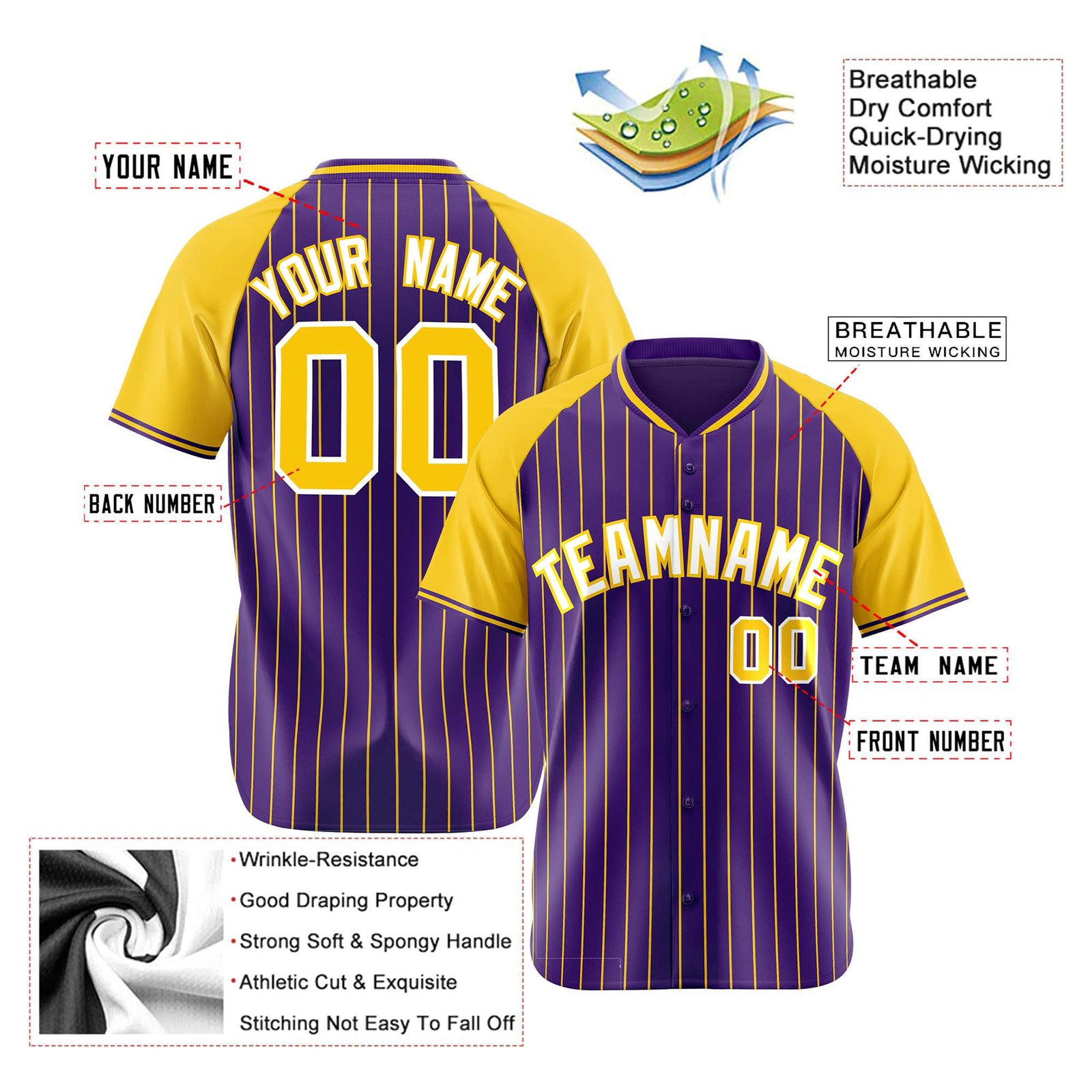 Custom Purple Yellow Pinstripe Yellow-Purple Authentic Raglan Sleeves Baseball Jersey