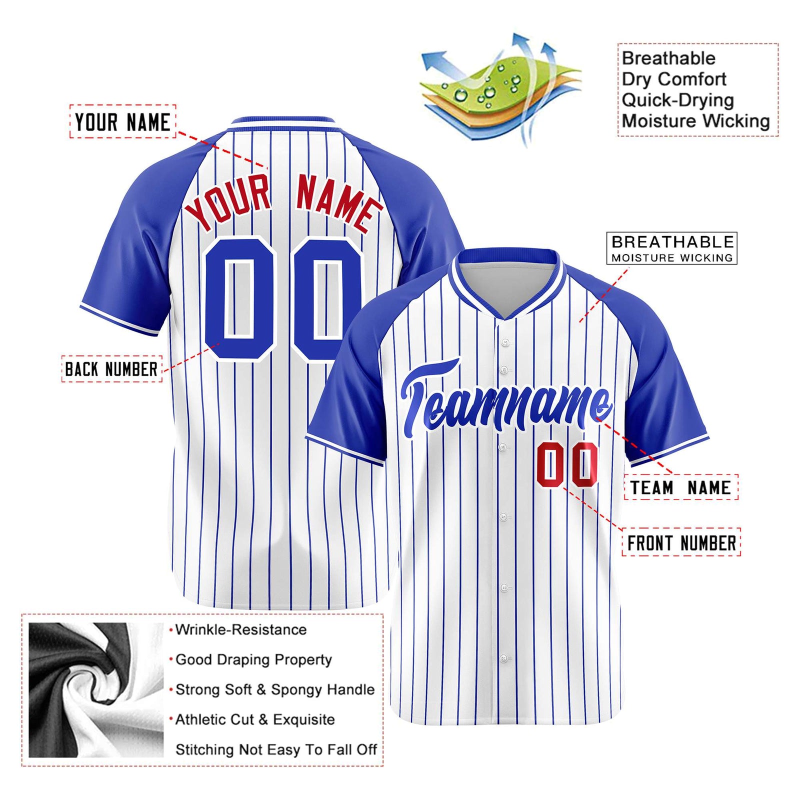 Custom White-Royal Blue Pinstripe Authentic Raglan Sleeves Baseball Jersey