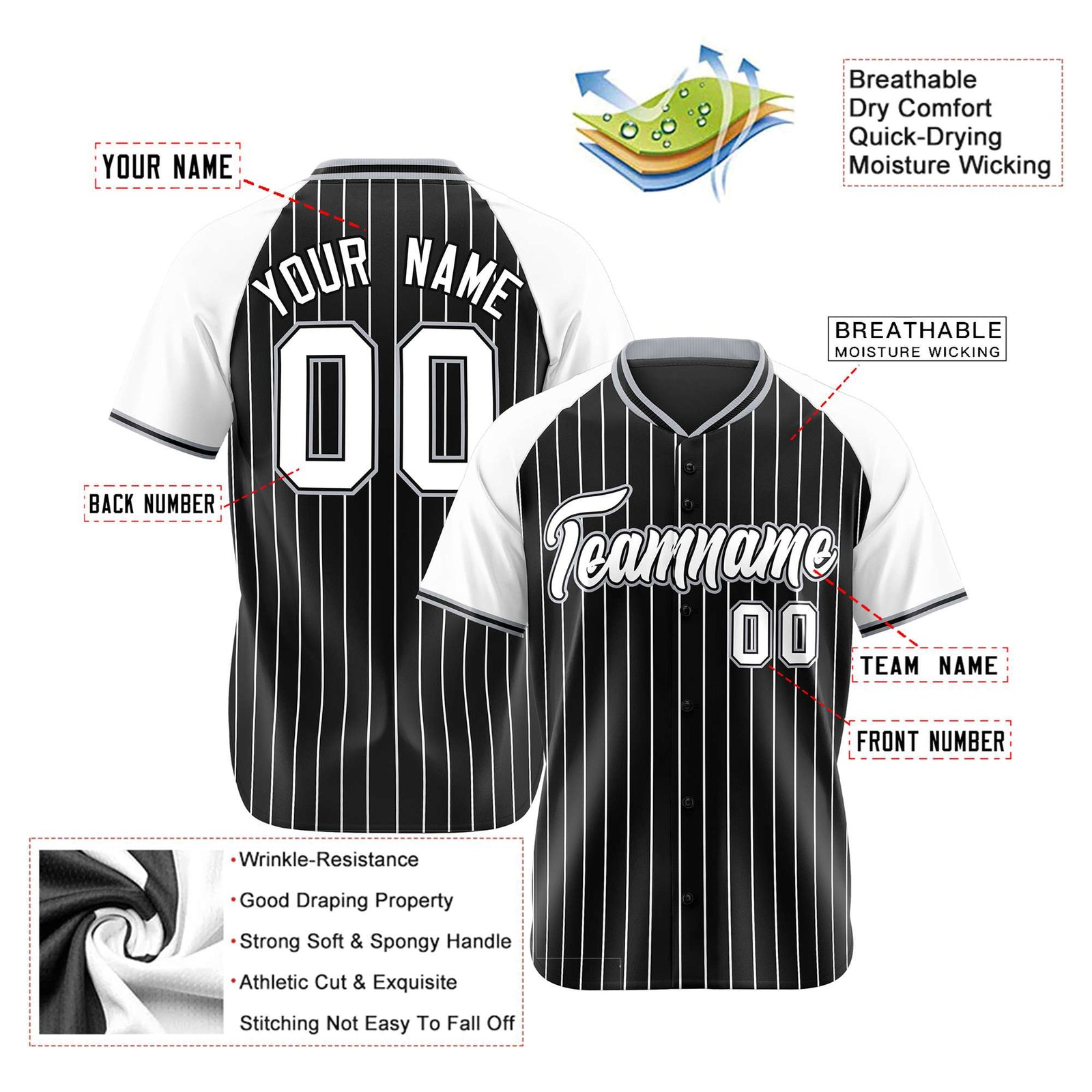 Custom Black White Pinstripe White-Black Authentic Raglan Sleeves Baseball Jersey