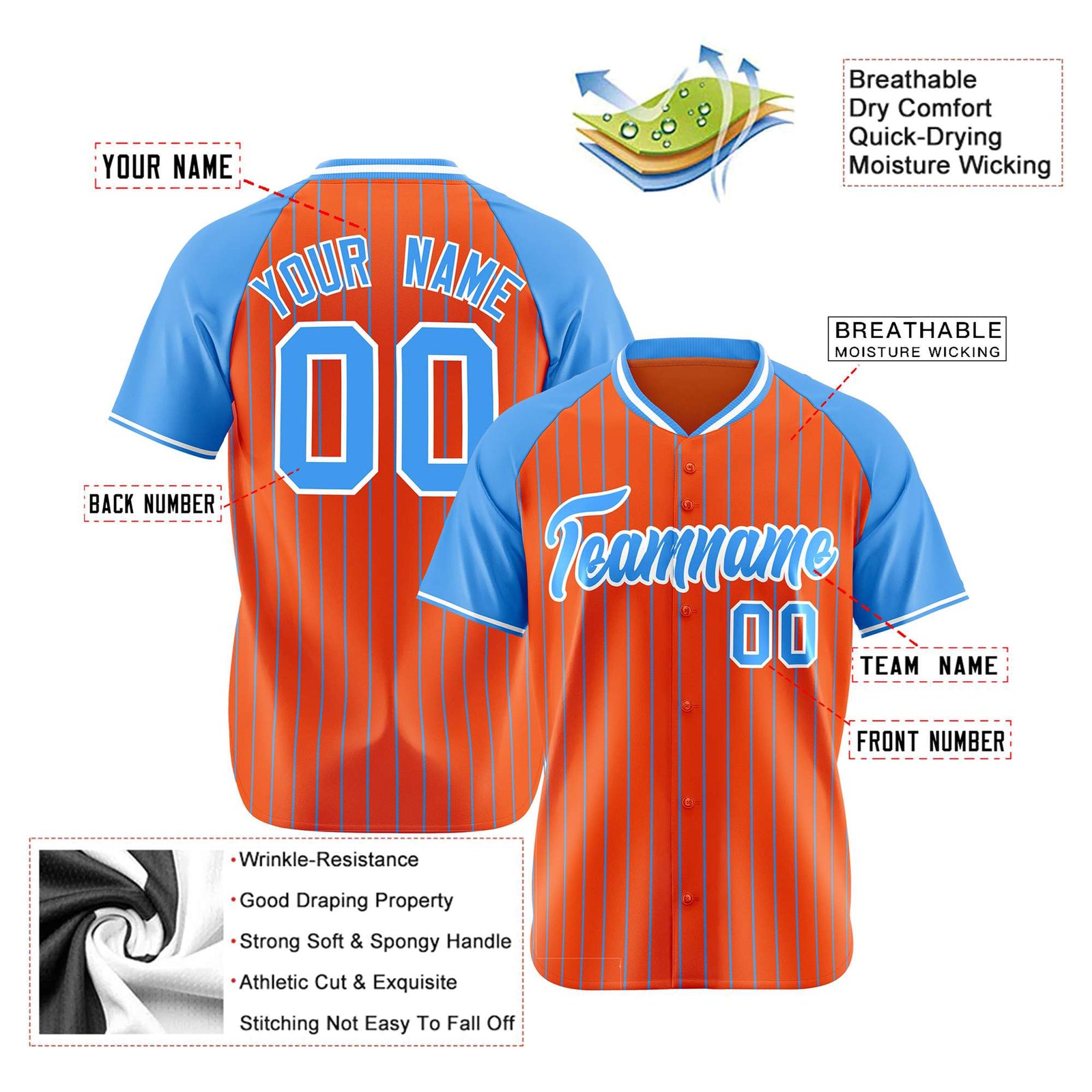 Custom Orange Blue Pinstripe Blue-Orange Authentic Raglan Sleeves Baseball Jersey
