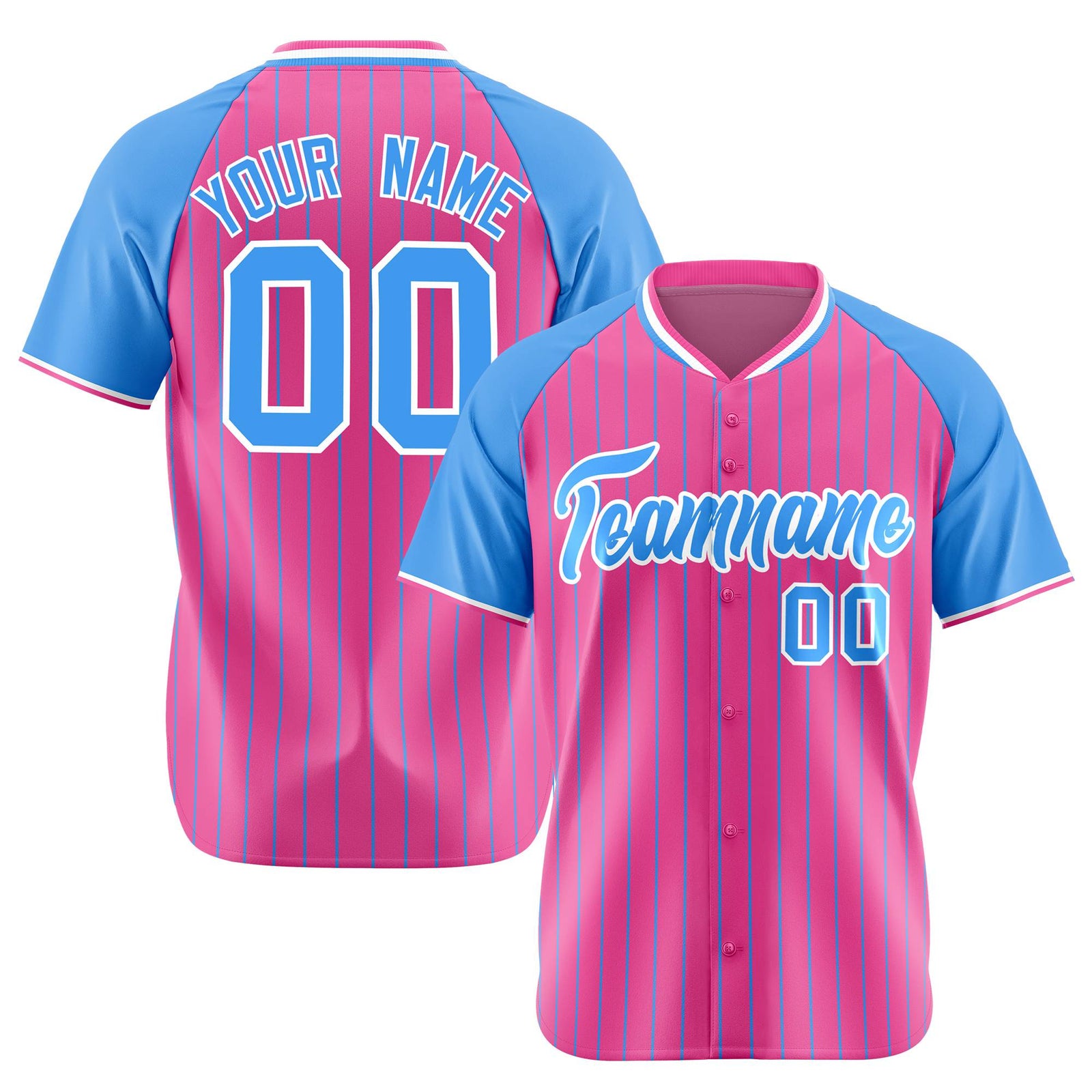 Custom Pink-Powder Blue Pinstripe Authentic Raglan Sleeves Baseball Jersey