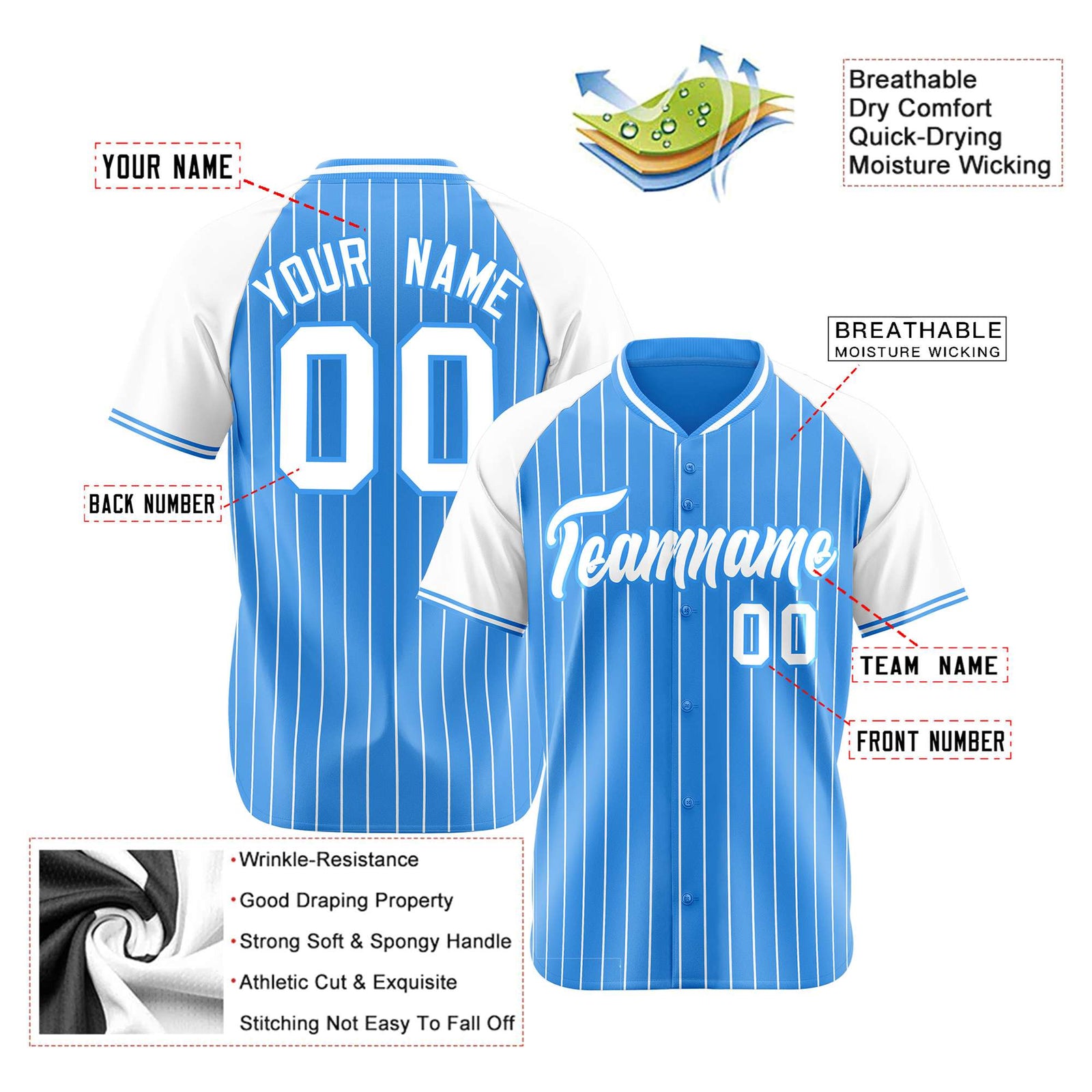 Custom Powder Blue-White Pinstripe Authentic Raglan Sleeves Baseball Jersey