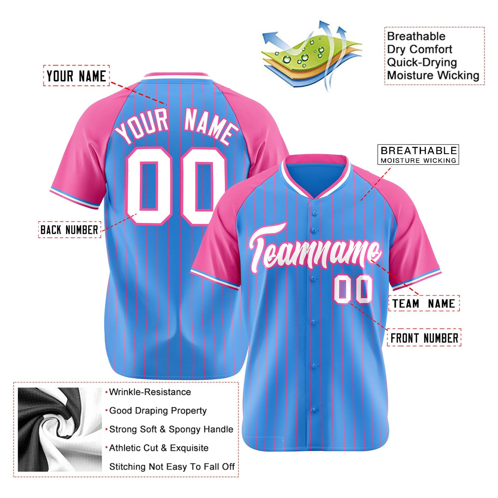 Custom Blue Pink Pinstripe Pink-Blue Authentic Raglan Sleeves Baseball Jersey
