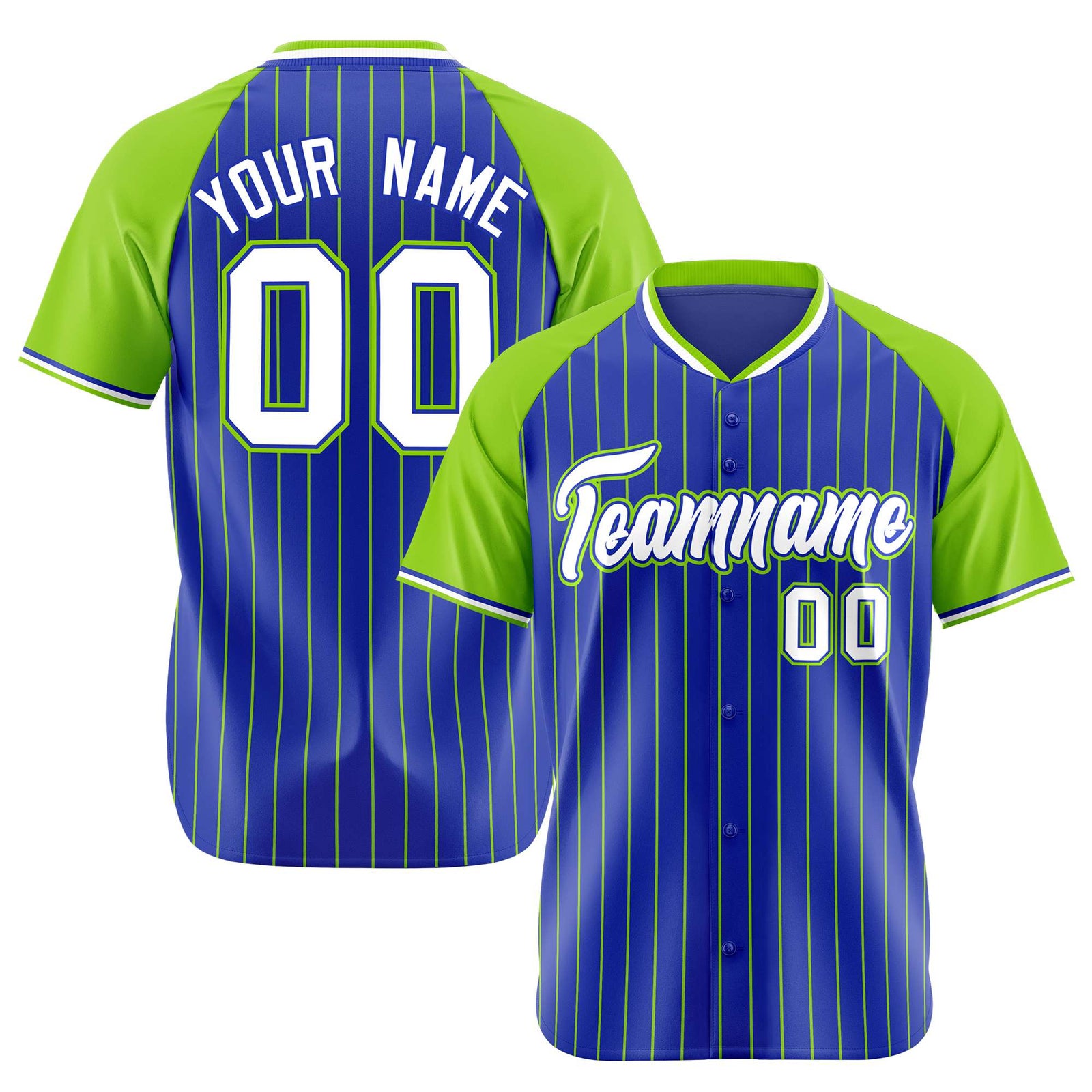 Custom Royal Blue-Green Pinstripe Authentic Raglan Sleeves Baseball Jersey