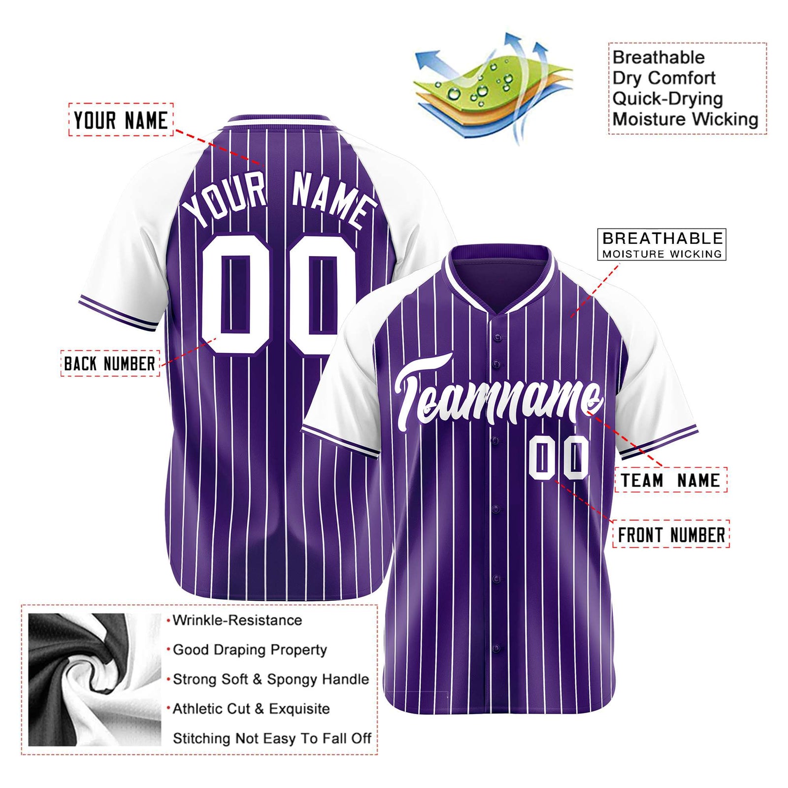 Custom Purple White Pinstripe White Purple Authentic Raglan Sleeves Baseball Jersey