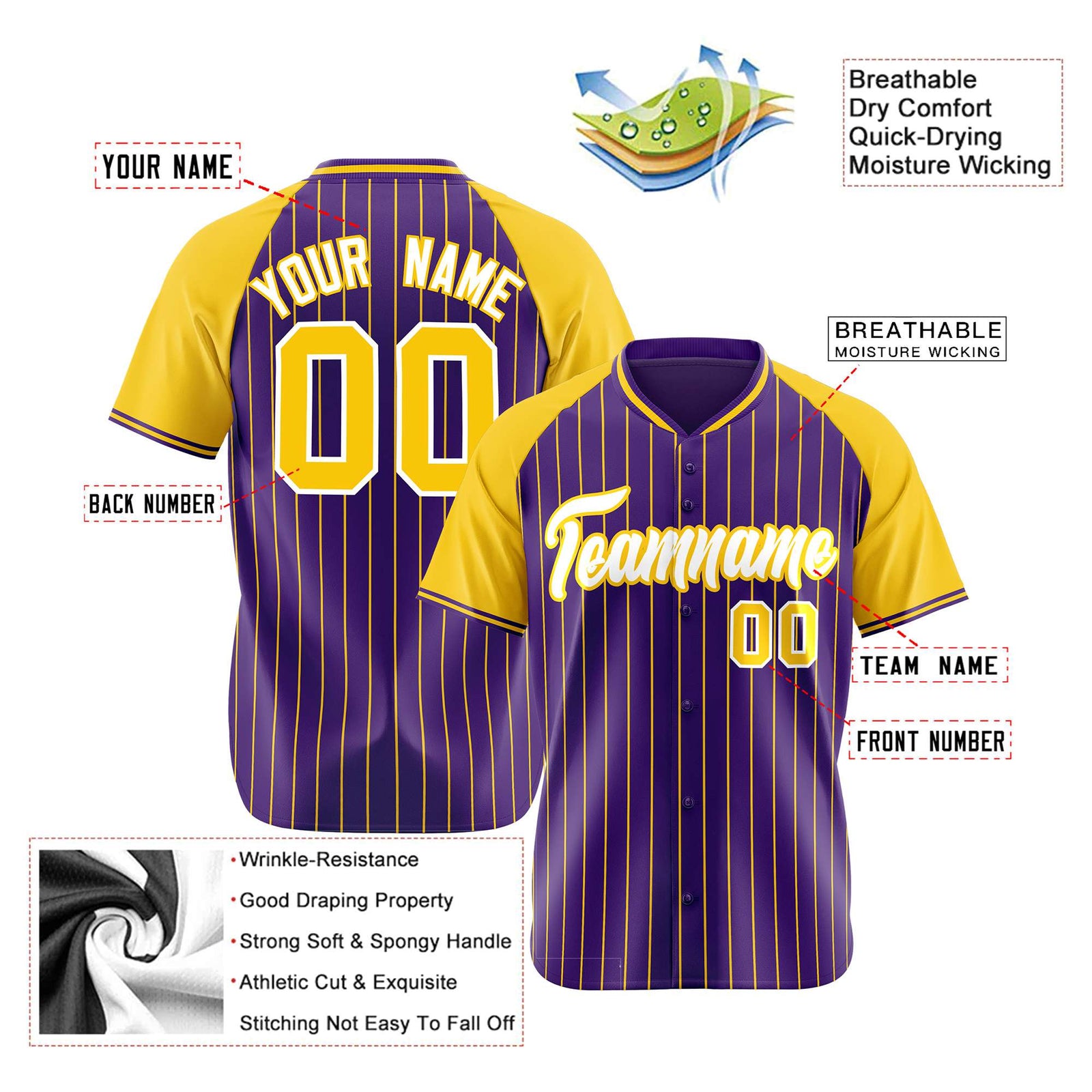 Custom Purple Yellow Pinstripe Yellow-Purple Authentic Raglan Sleeves Baseball Jersey