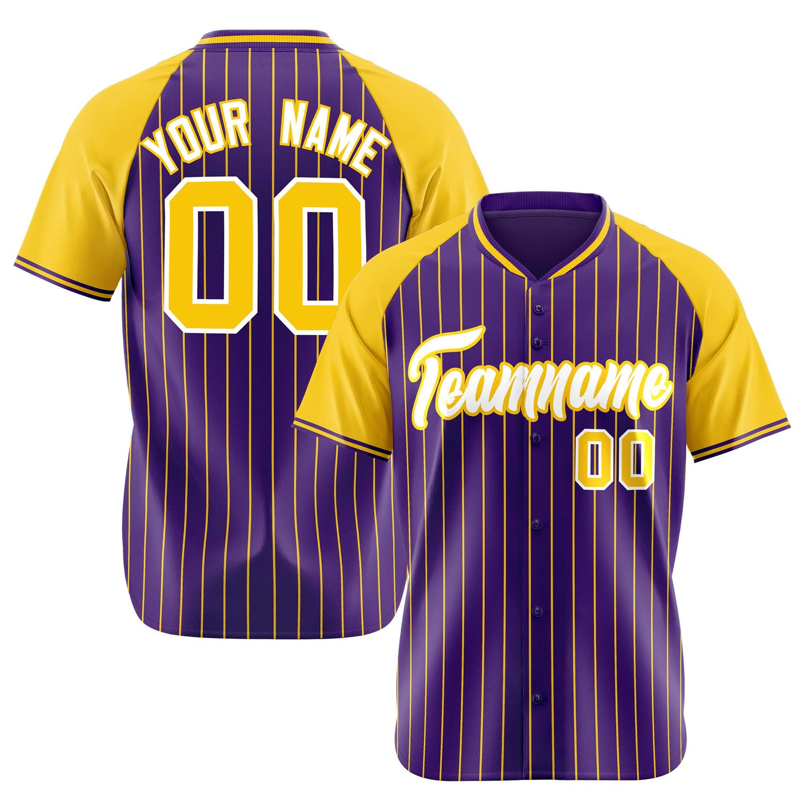 Custom Purple Yellow Pinstripe Yellow-Purple Authentic Raglan Sleeves Baseball Jersey