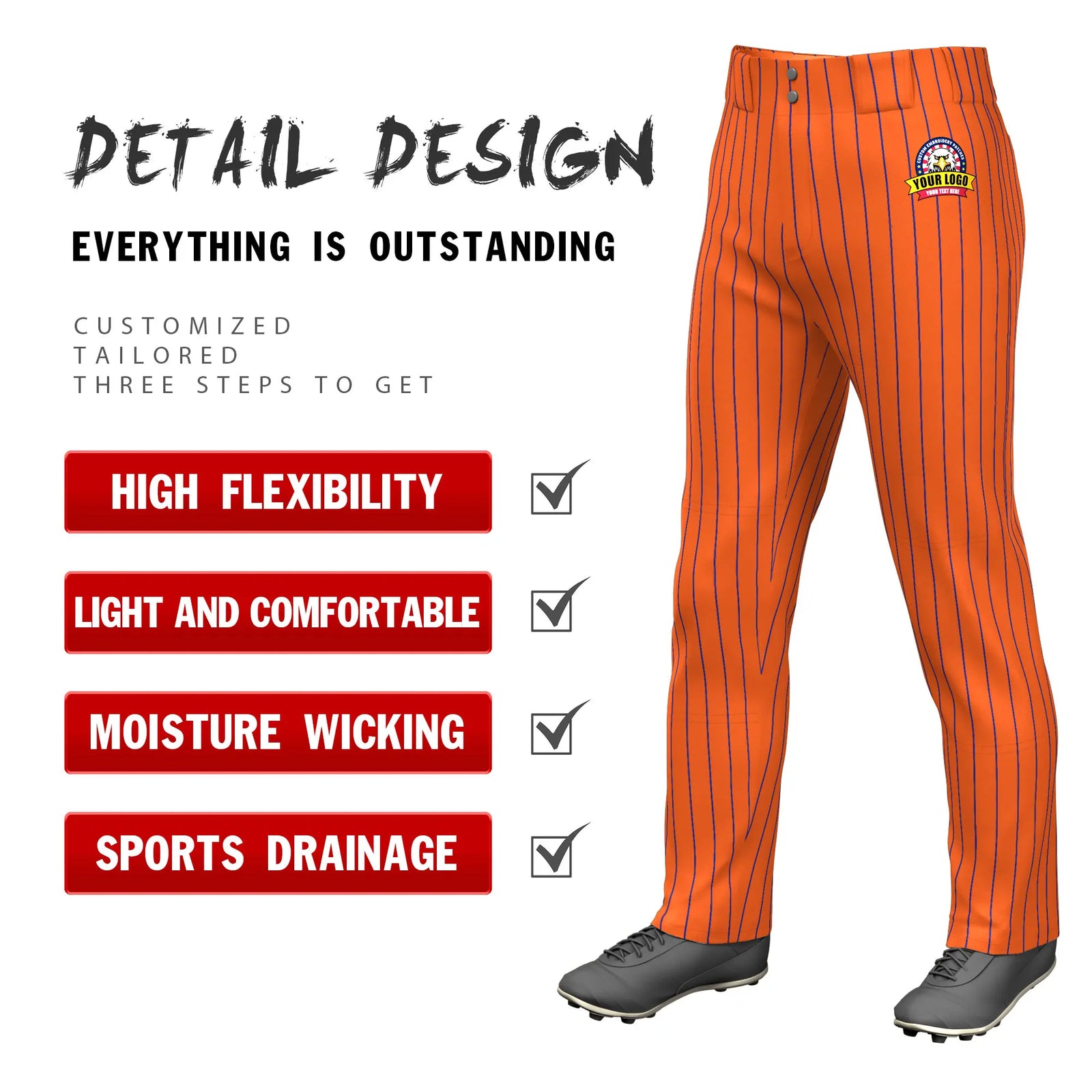 Custom Orange Royal Blue Pinstripe Fit Stretch Practice Loose-fit Baseball Pants