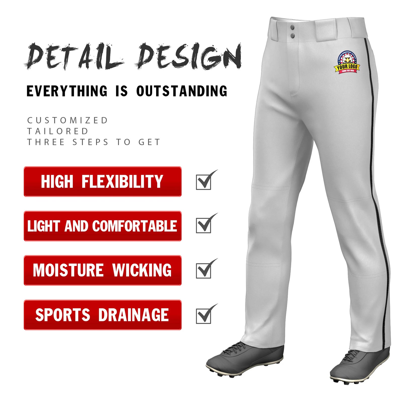 Custom Gray Black Classic Fit Stretch Practice Loose-fit Baseball Pants